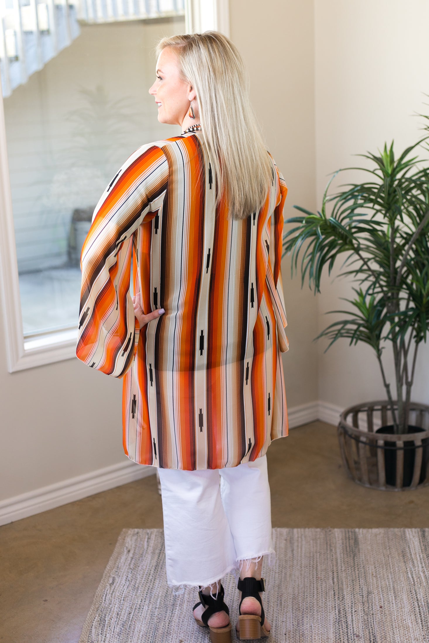 Southwestern Sunrise Serape Print Sheer Kimono in Orange and Beige - Giddy Up Glamour Boutique