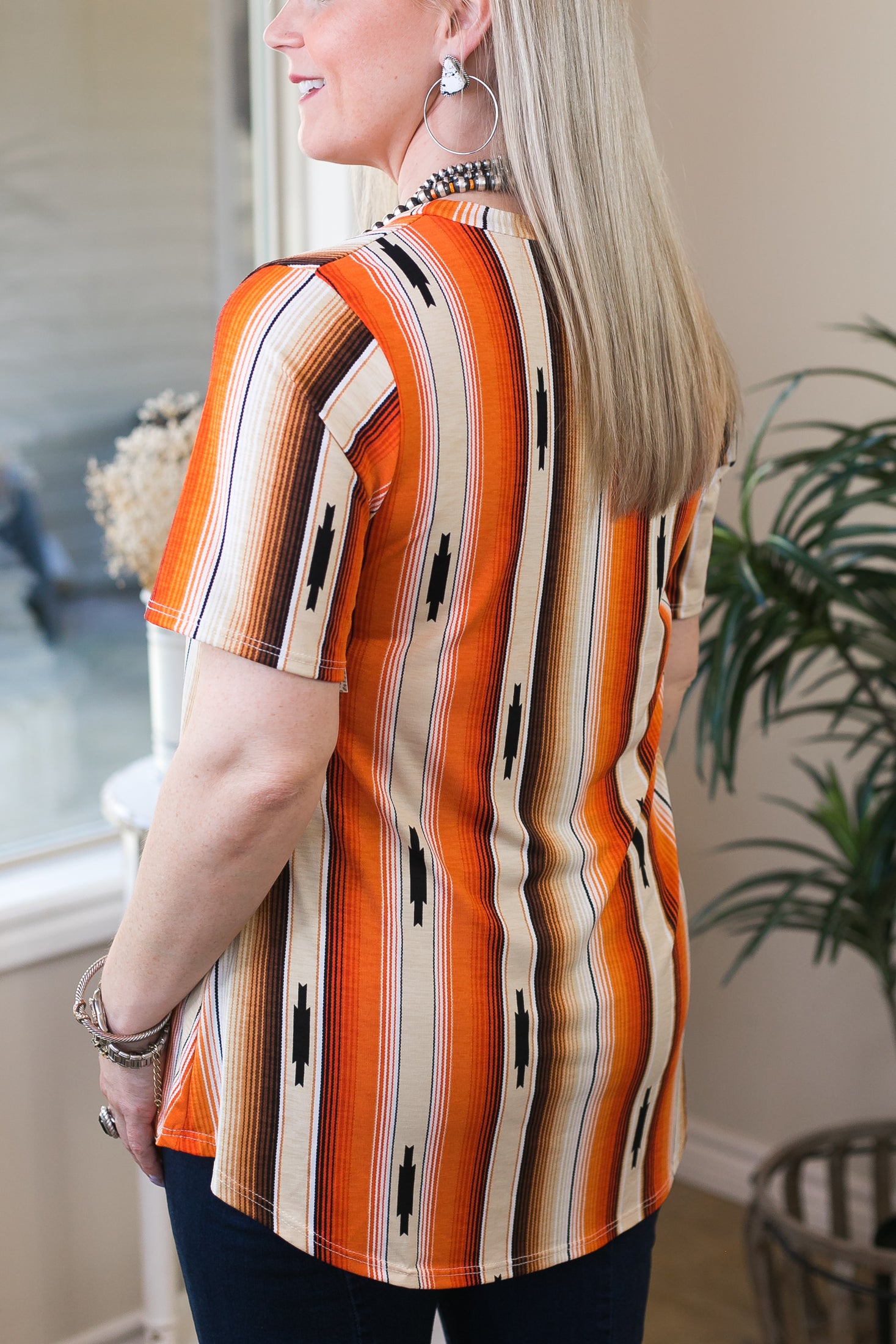 Just Right Short Sleeve Serape Print Pocket Tee in Sunset Orange - Giddy Up Glamour Boutique