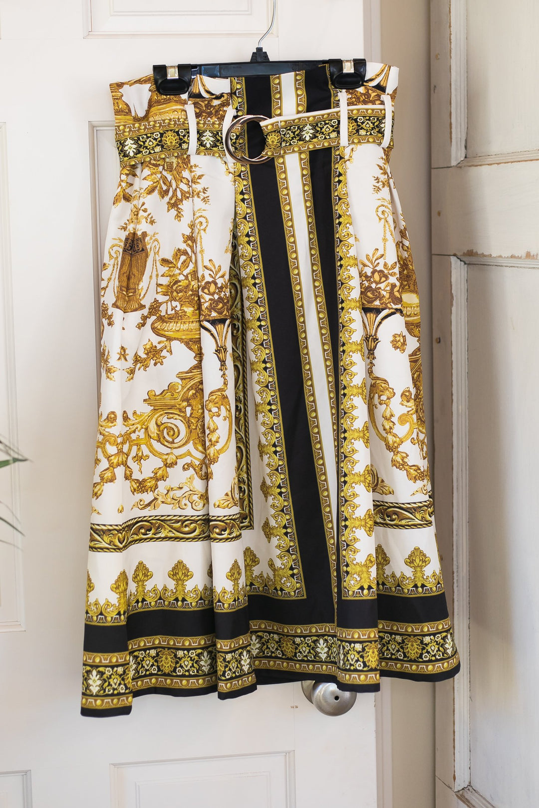 Classic Glamour Gold Filigree Belted Midi Skirt in White