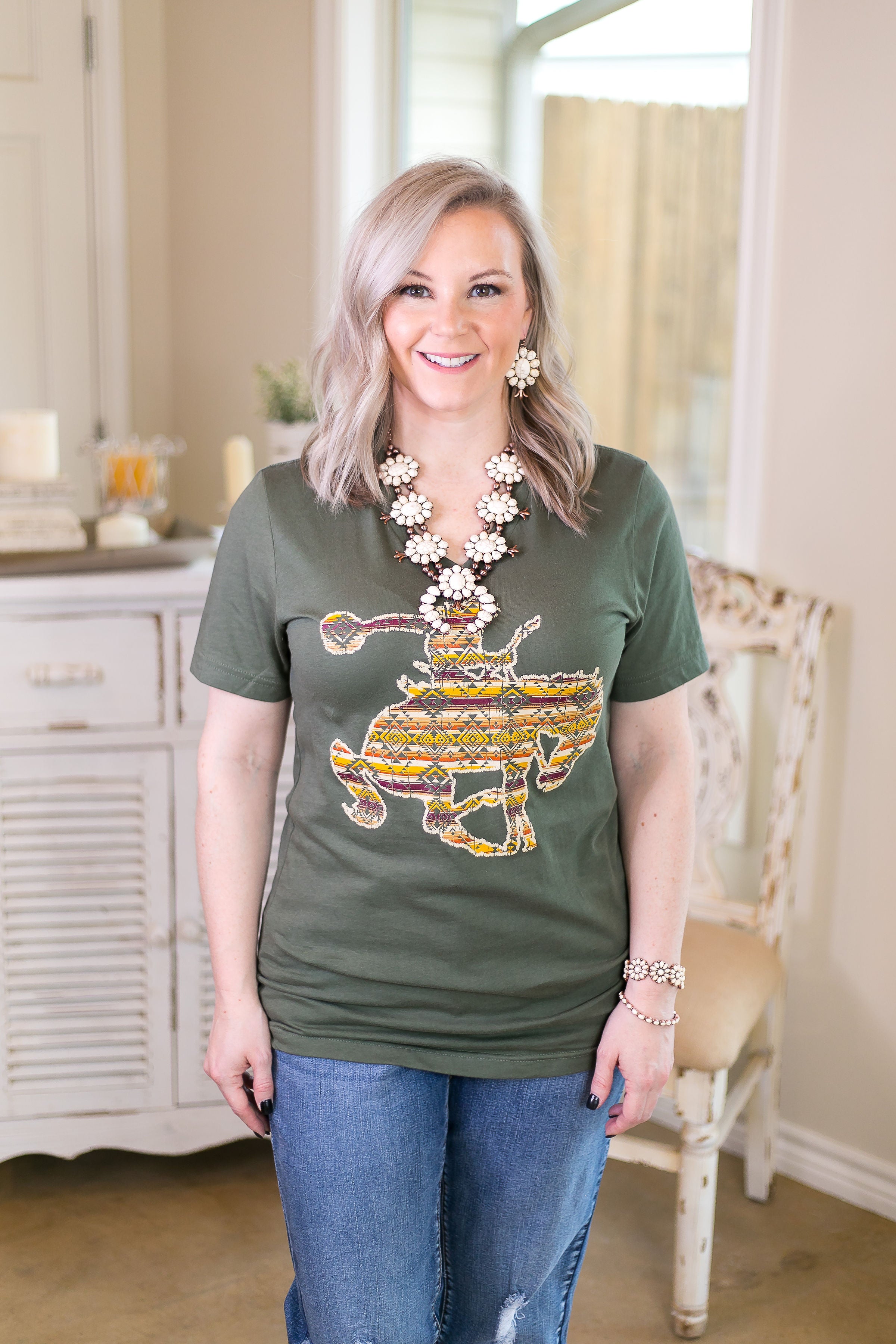 Last Chance Size 2XL & 3XL | Ain't My First Rodeo Aztec Print Saddle Bronc Short Sleeve Tee Shirt in Olive Green - Giddy Up Glamour Boutique