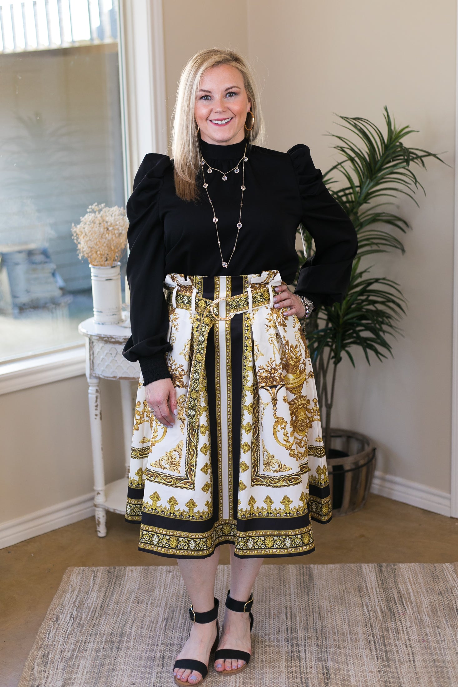 Classic Glamour Gold Filigree Belted Midi Skirt in White - Giddy Up Glamour Boutique