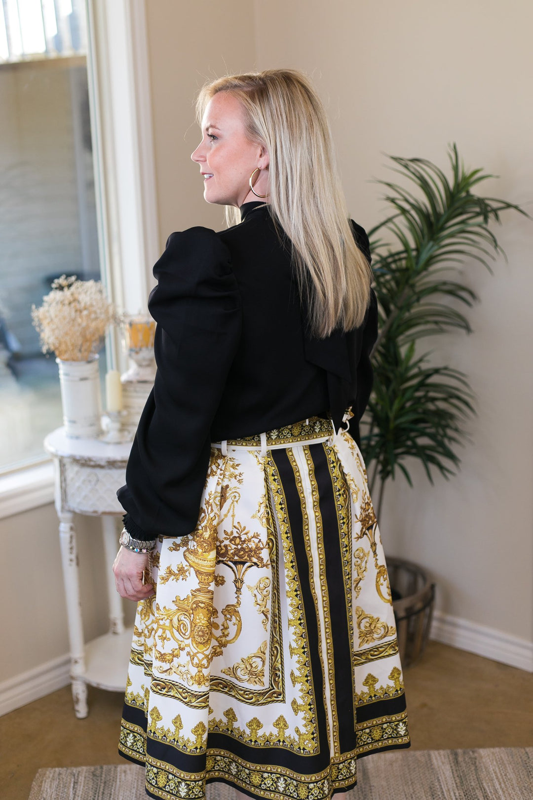 Classic Glamour Gold Filigree Belted Midi Skirt in White