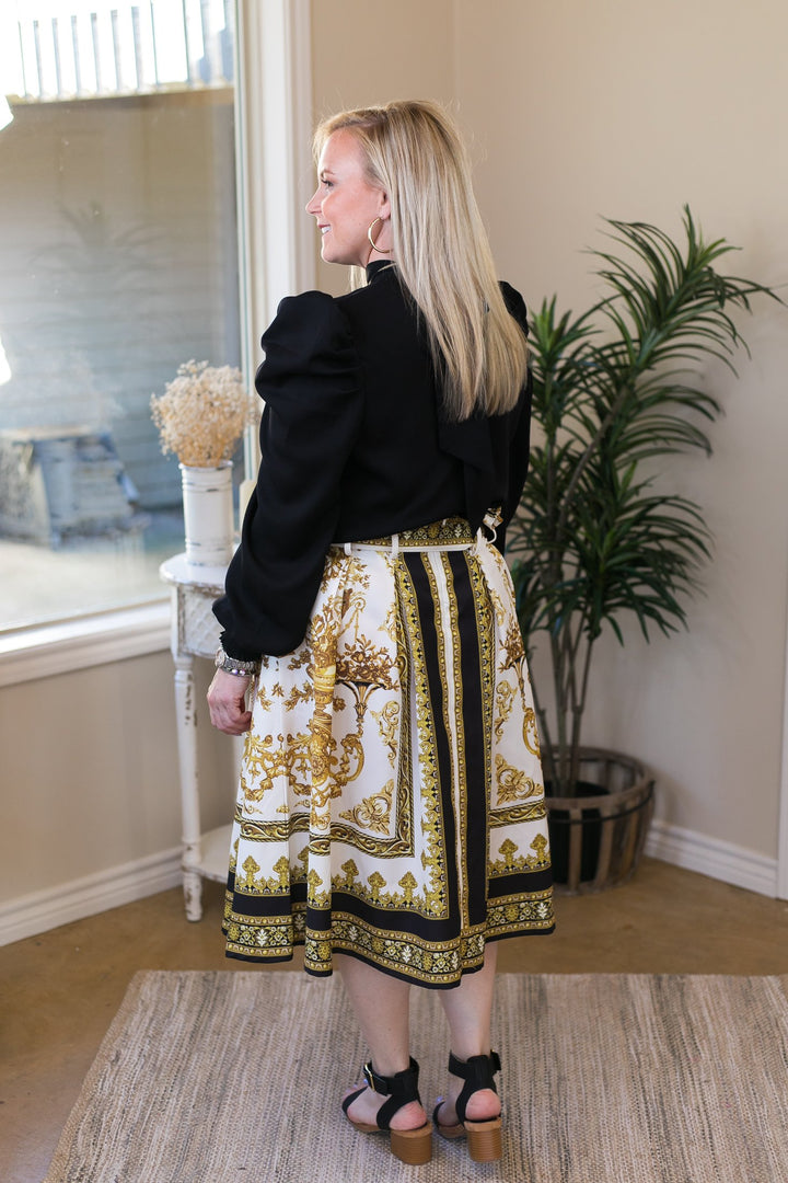 Classic Glamour Gold Filigree Belted Midi Skirt in White