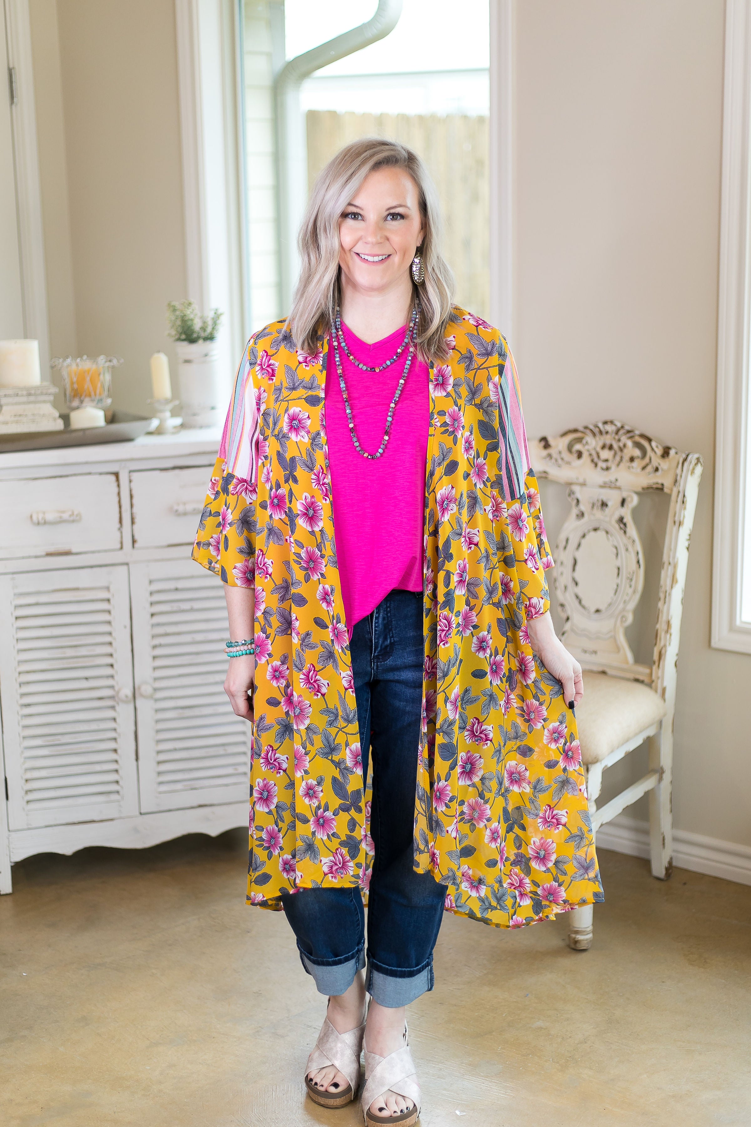 Last Chance Size S/M | Sweet Sensation Floral Print Kimono in Mustard Yellow - Giddy Up Glamour Boutique