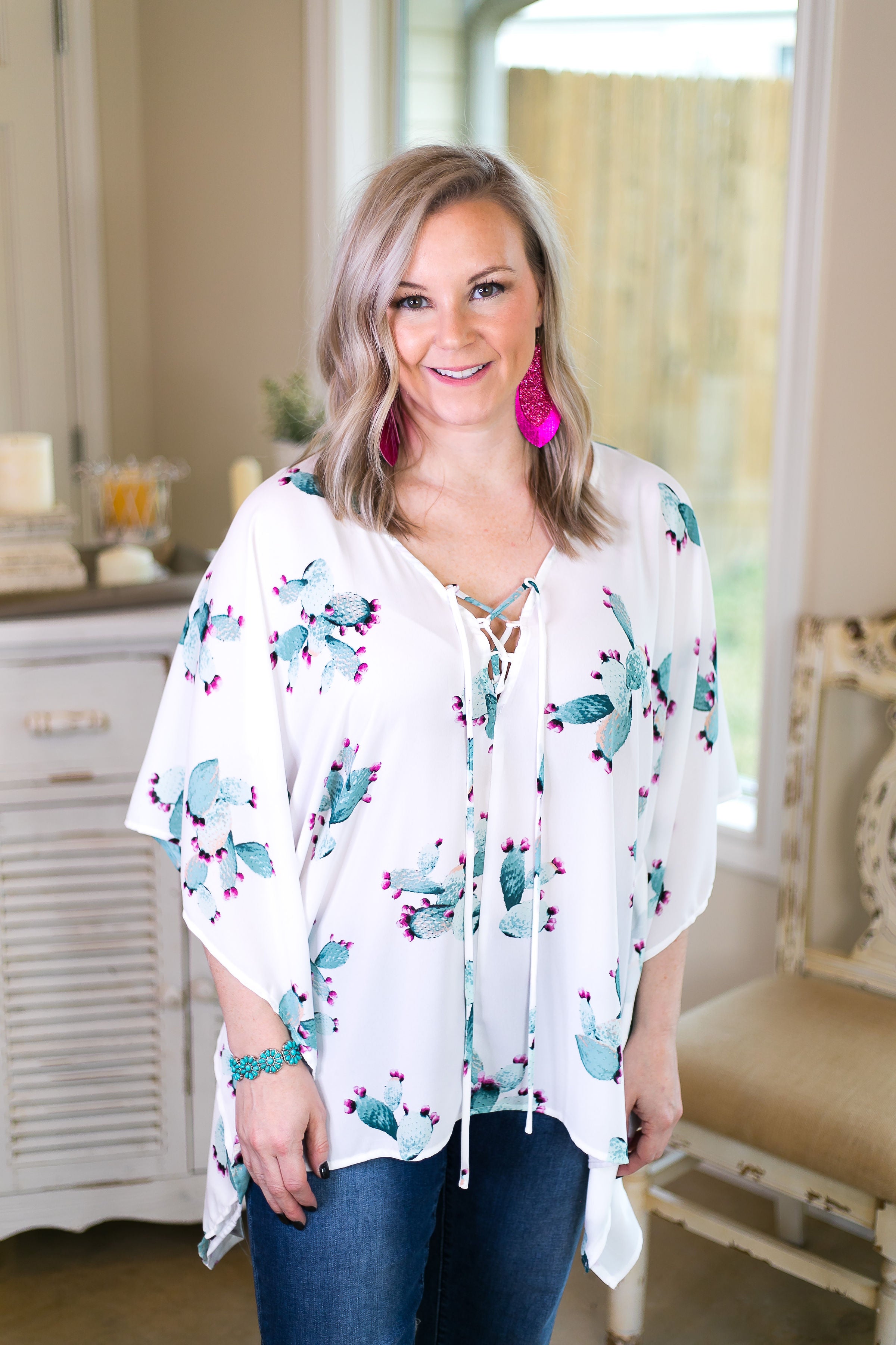Last Chance Size S/M | This Is Happiness Oversized Poncho Top with Lace Up Detail in Cactus Print - Giddy Up Glamour Boutique