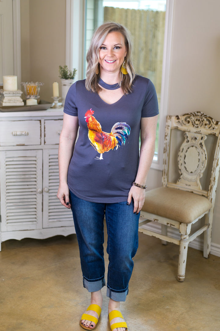 Last Chance Size Small & Med. | Rule The Roost Watercolor Rooster Tee with Keyhole Cutout in Charcoal - Giddy Up Glamour Boutique