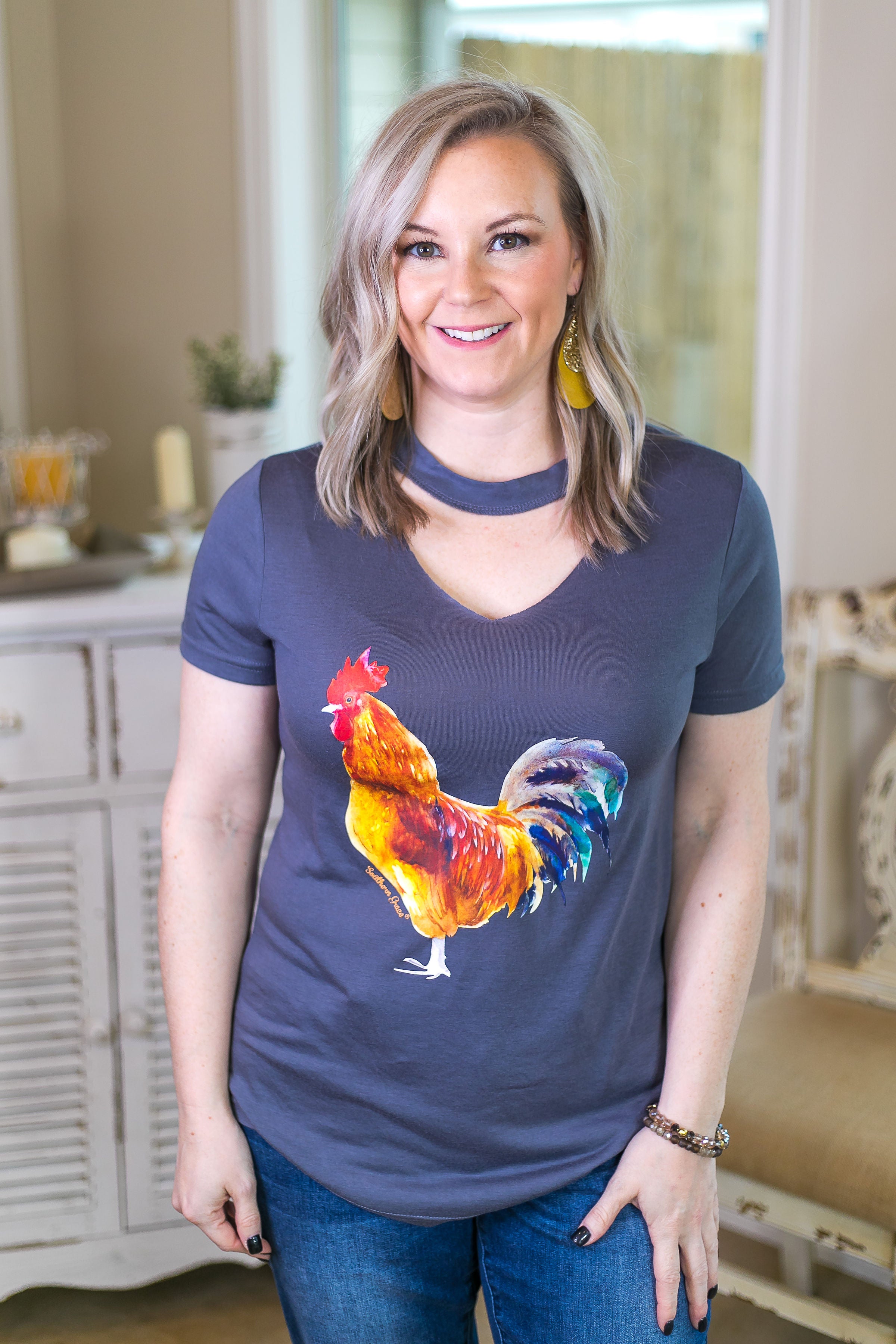 Last Chance Size Small & Med. | Rule The Roost Watercolor Rooster Tee with Keyhole Cutout in Charcoal - Giddy Up Glamour Boutique