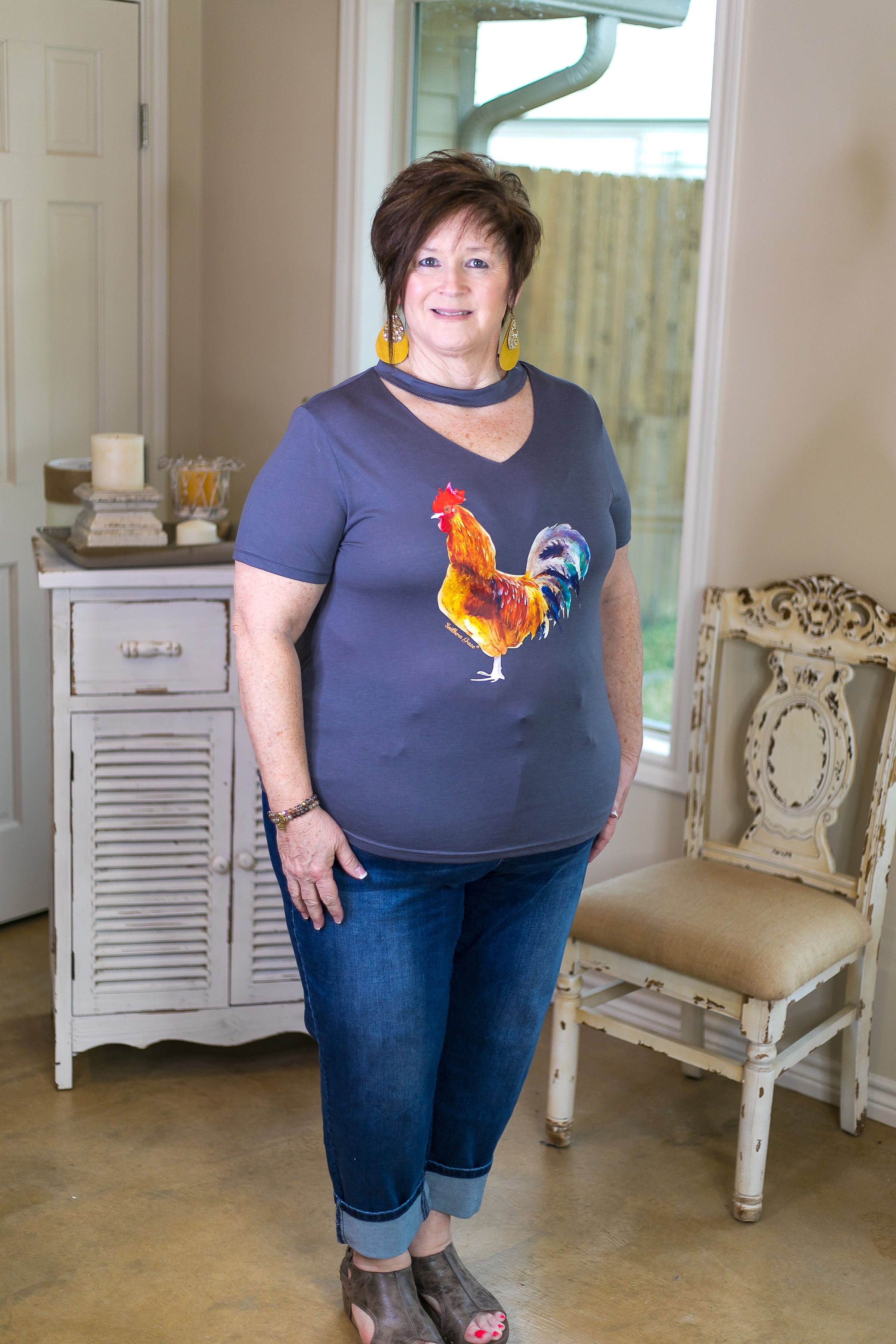 Last Chance Size Small & Med. | Rule The Roost Watercolor Rooster Tee with Keyhole Cutout in Charcoal - Giddy Up Glamour Boutique