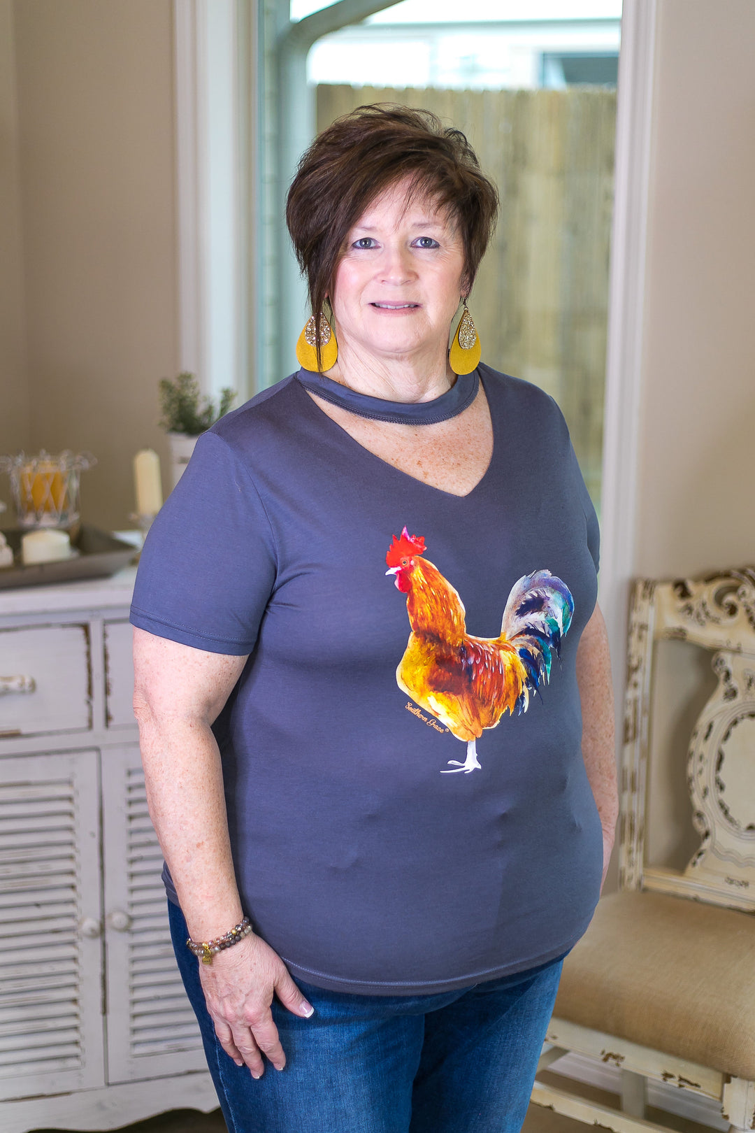 Last Chance Size Small & Med. | Rule The Roost Watercolor Rooster Tee with Keyhole Cutout in Charcoal - Giddy Up Glamour Boutique
