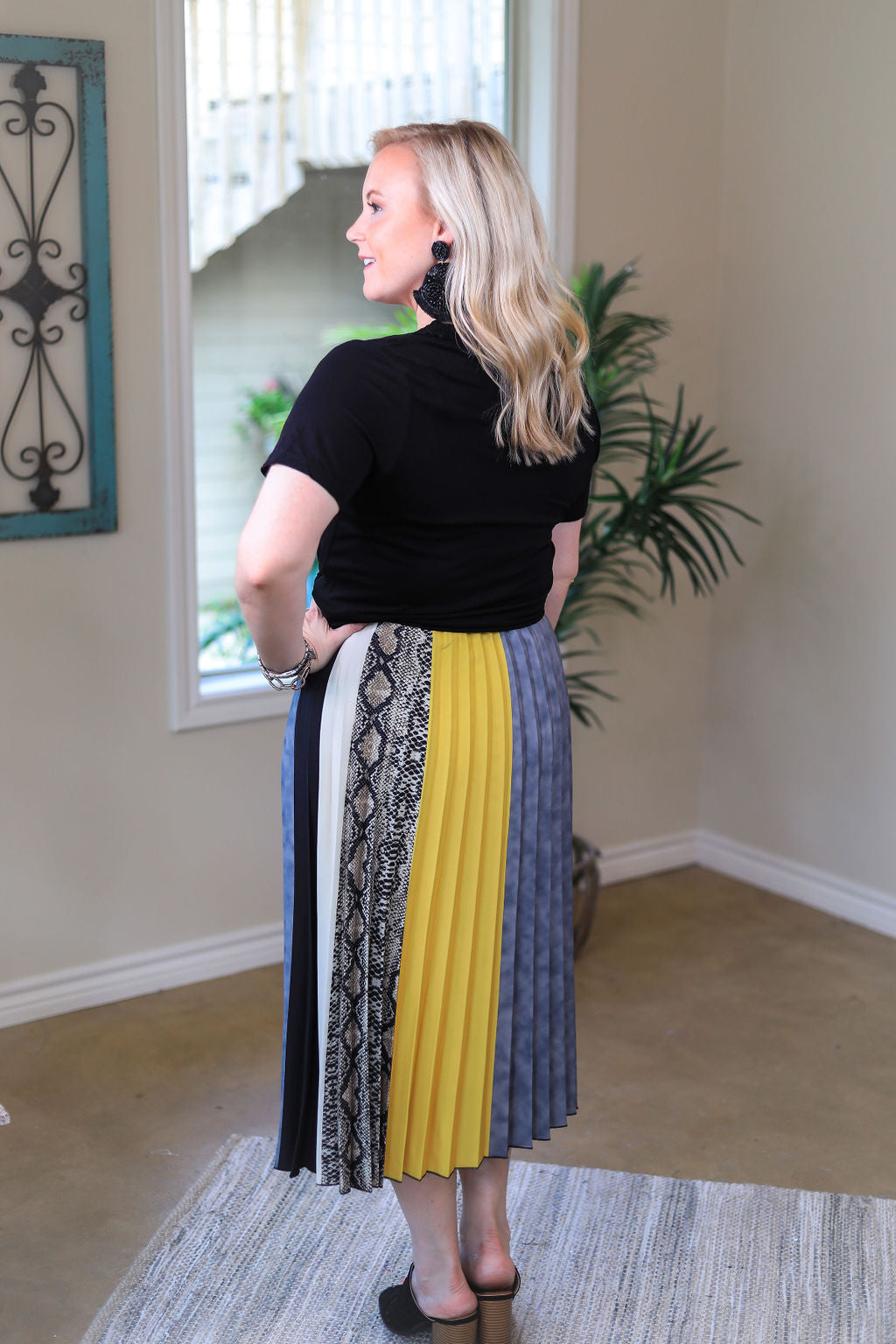 Downtown Feels Snake Skin Color Block Pleated Skirt in Mustard Yellow