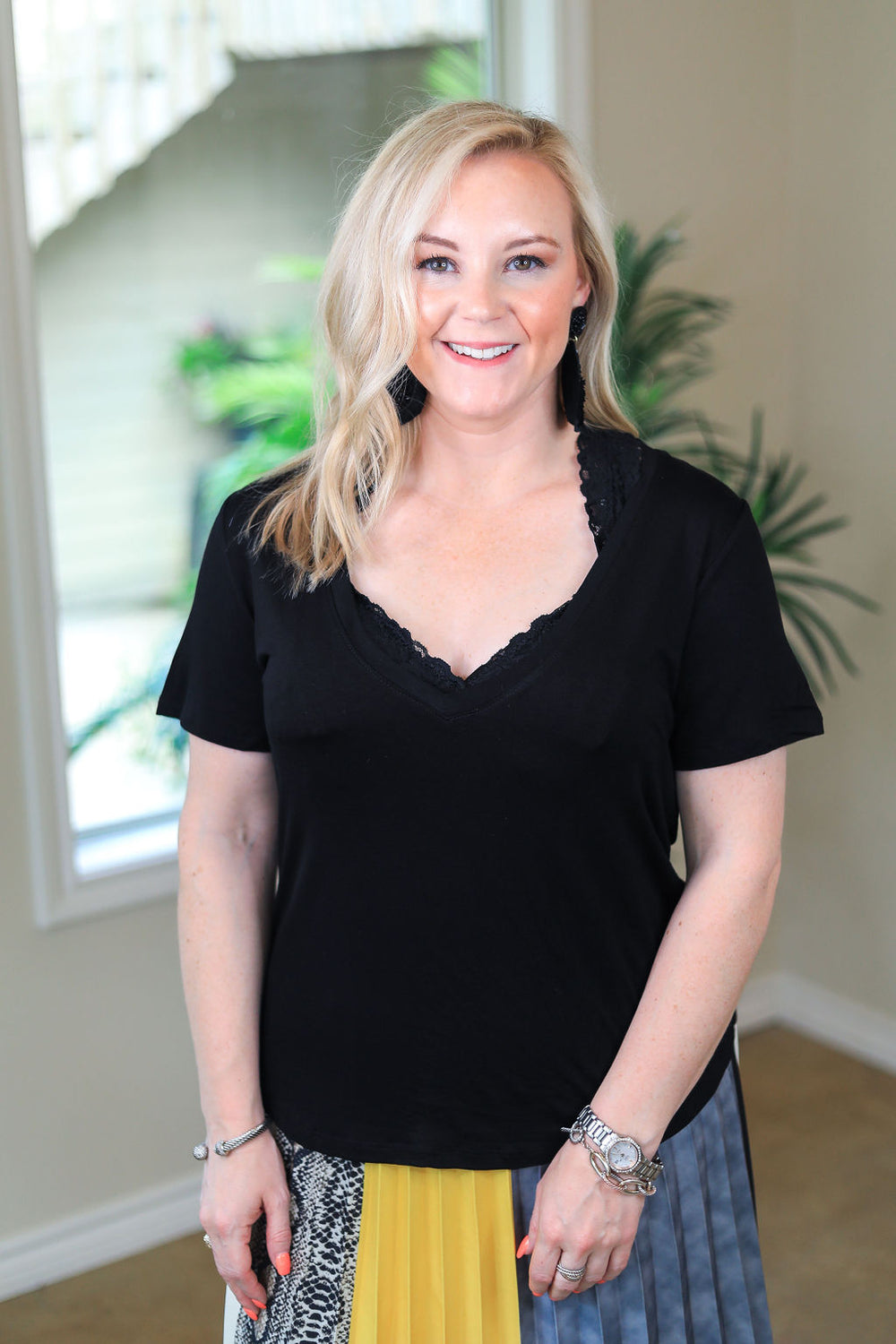 Sugar and Spice Deep V-Neck Short Sleeve Tee in Black - Giddy Up Glamour Boutique