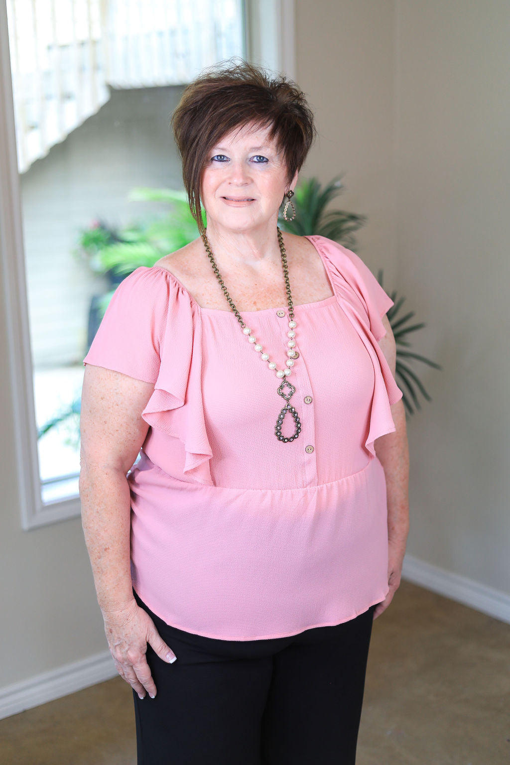 Plus Size | Resounding Success Peplum Top with Button Detail in Light Pink