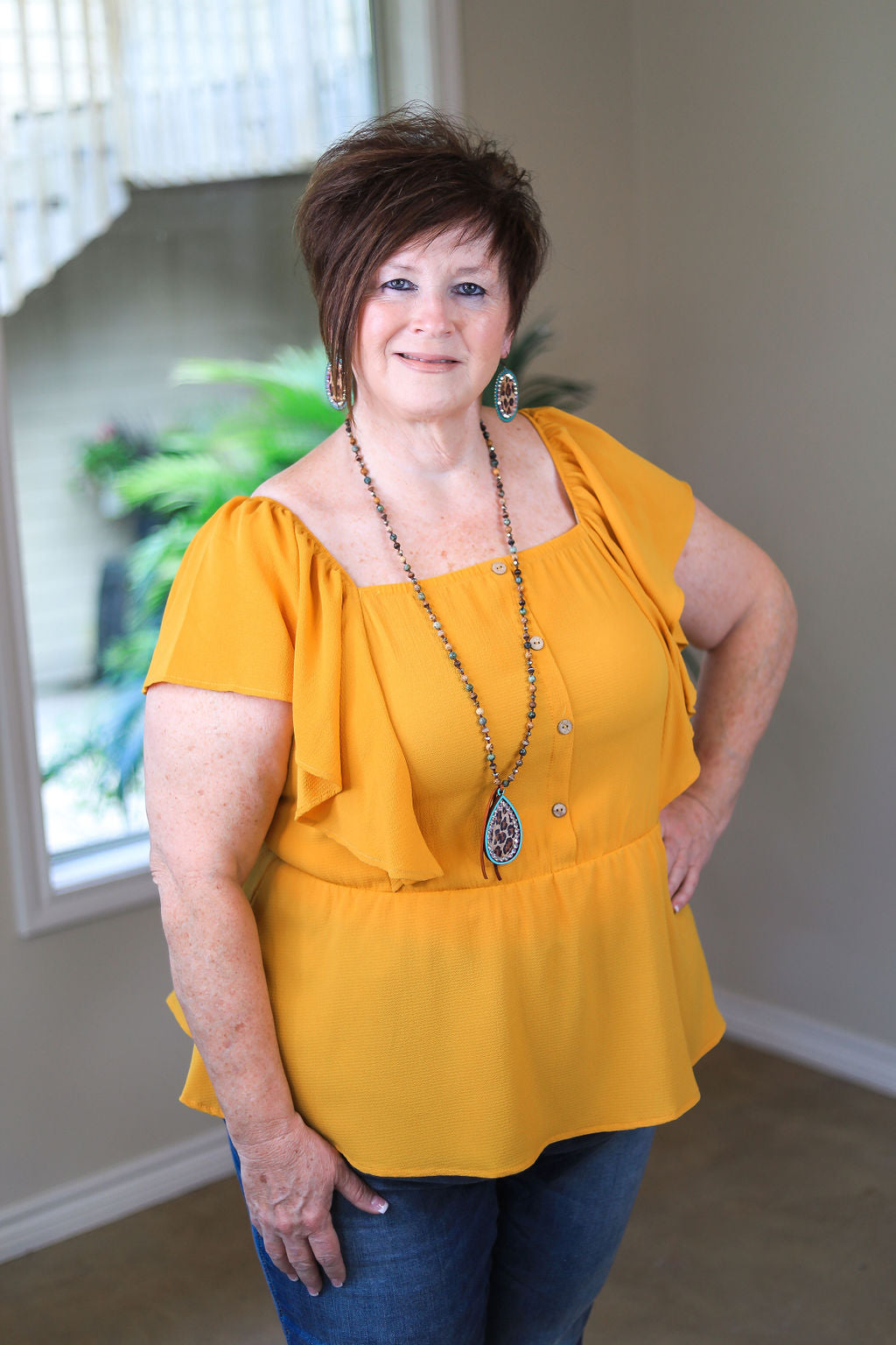 Last Chance Size 3XL | Plus Size | Resounding Success Peplum Top with Button Detail in Mustard Yellow - Giddy Up Glamour Boutique