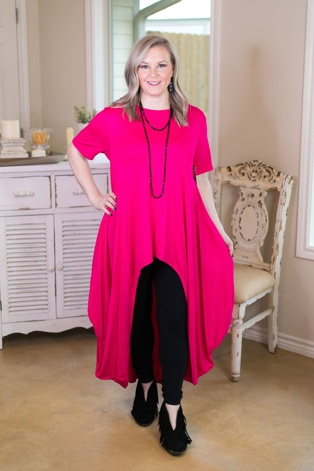 Last Chance Size S & M | Don't Think Twice High Low Short Sleeve Top in Hot Pink - Giddy Up Glamour Boutique