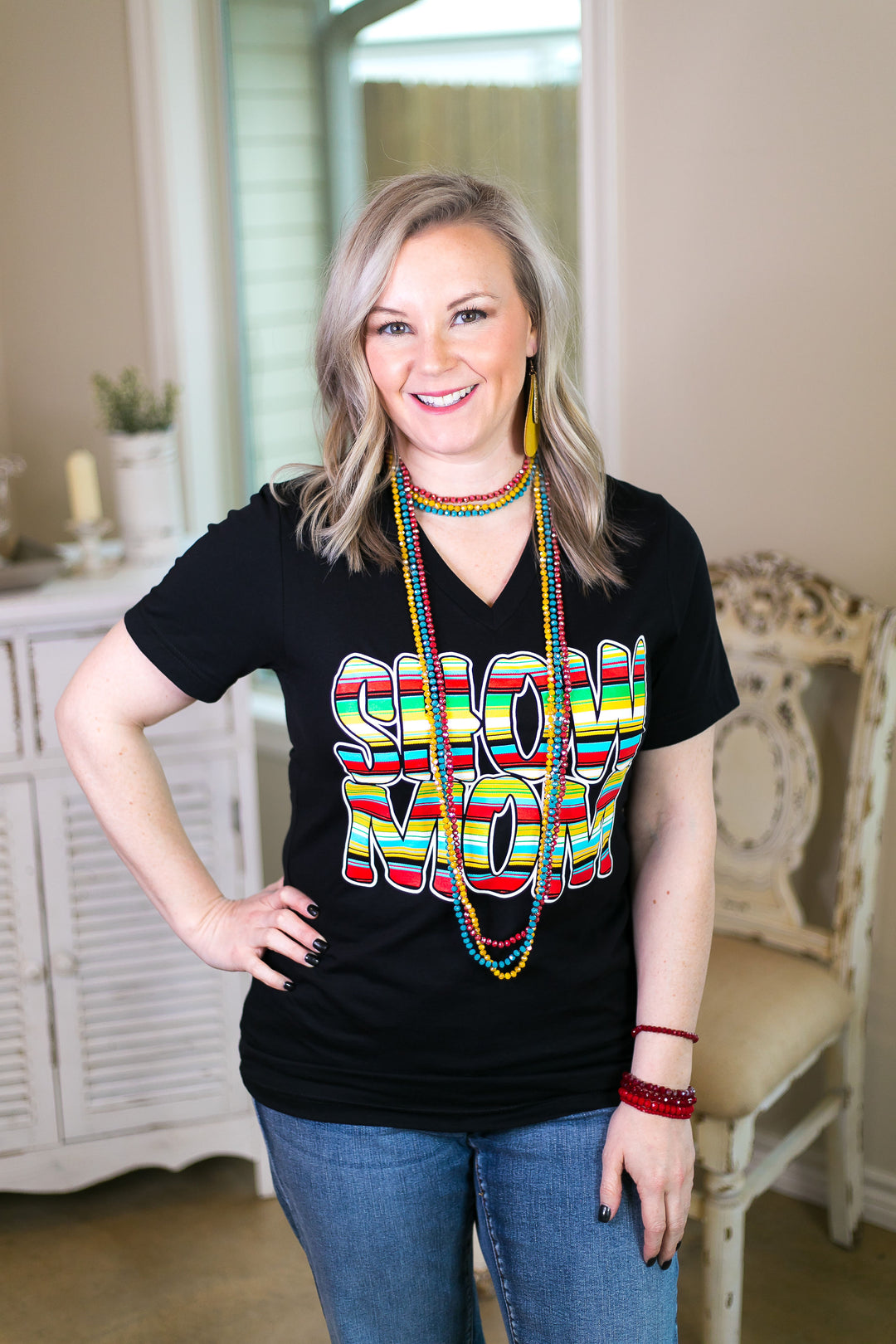 Serape Show Mom Short Sleeve Tee Shirt in Black - Giddy Up Glamour Boutique
