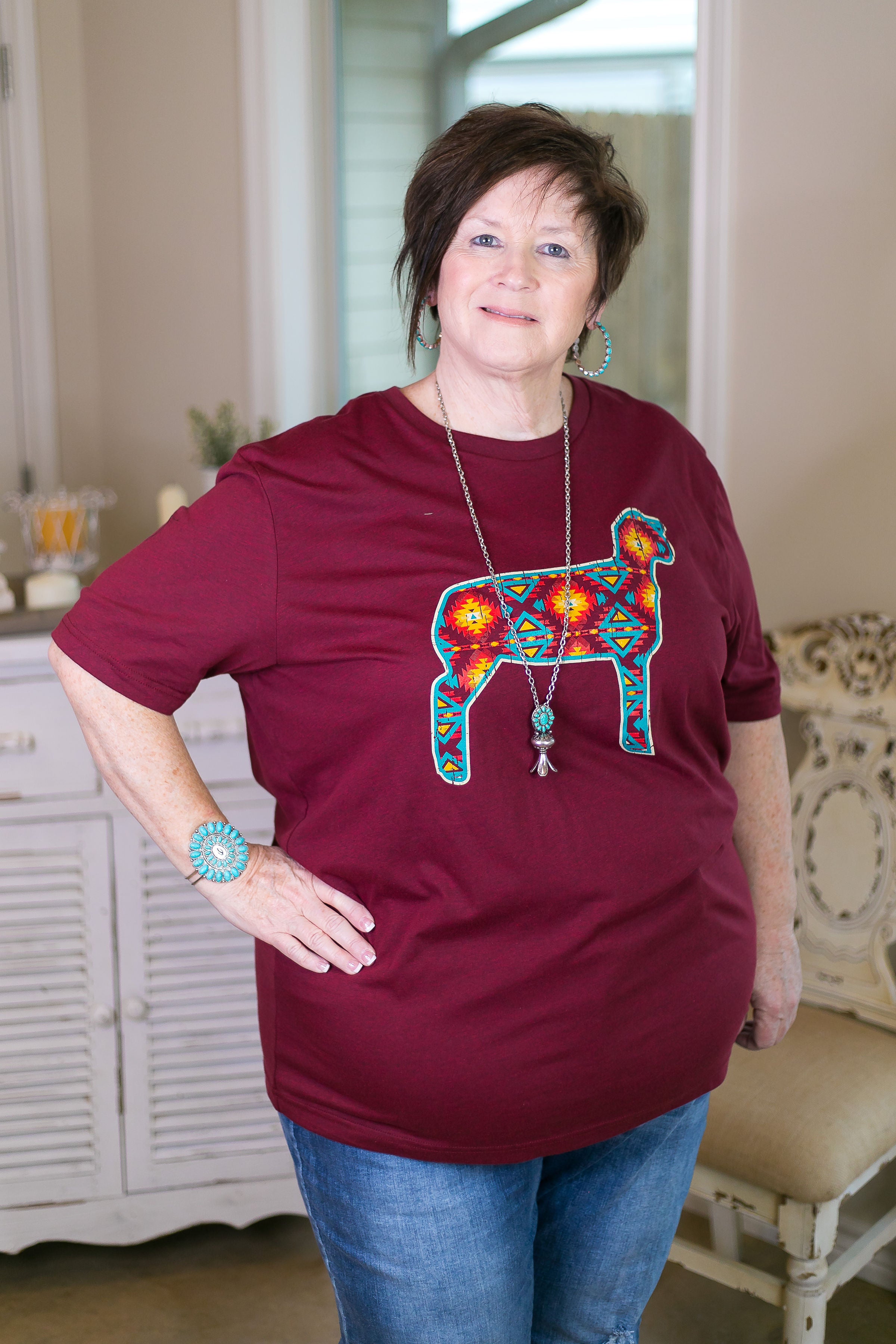 Star of the Stock Show Aztec Show Lamb Short Sleeve Tee Shirt in Maroon - Giddy Up Glamour Boutique