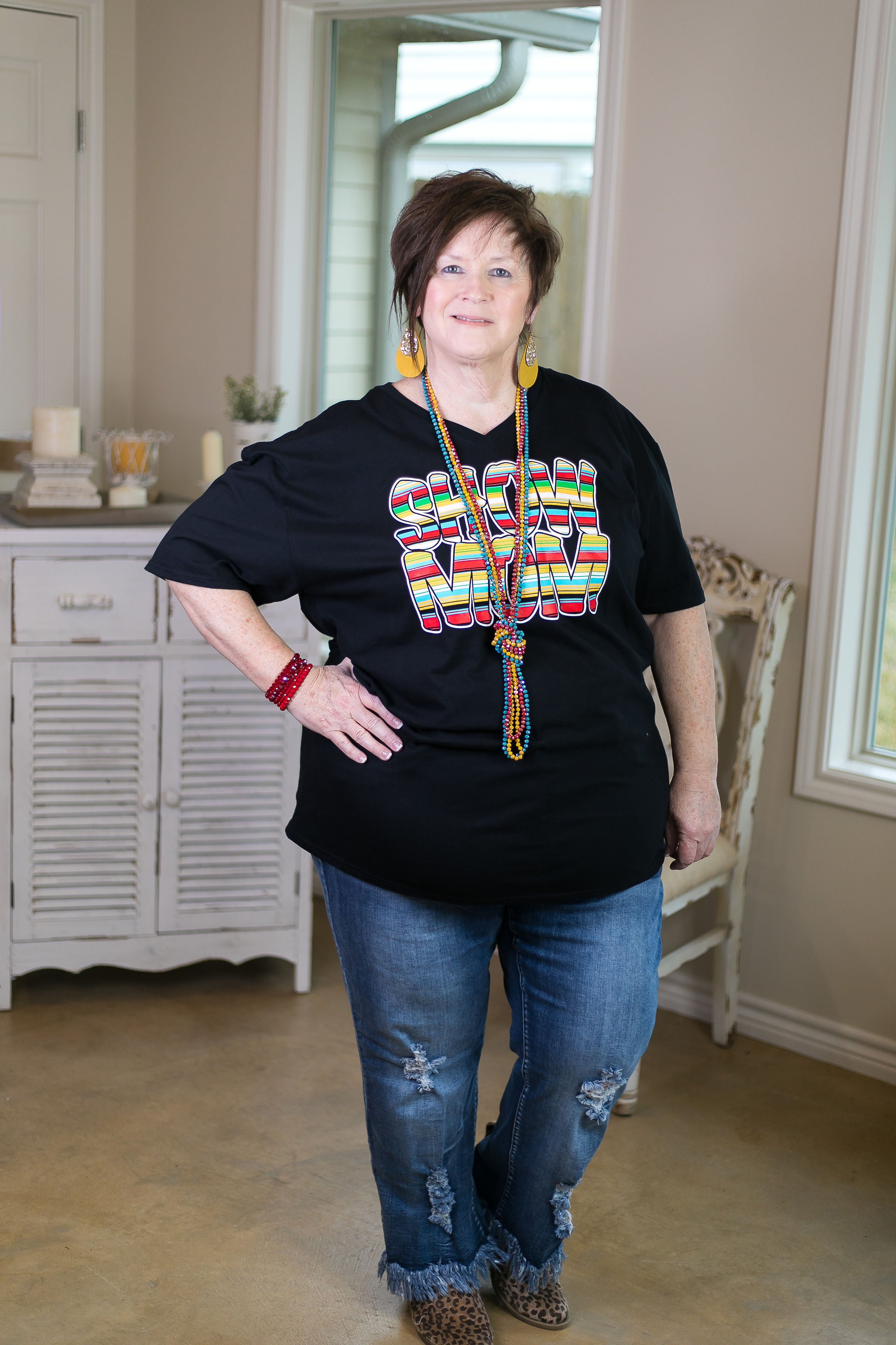 Serape Show Mom Short Sleeve Tee Shirt in Black - Giddy Up Glamour Boutique