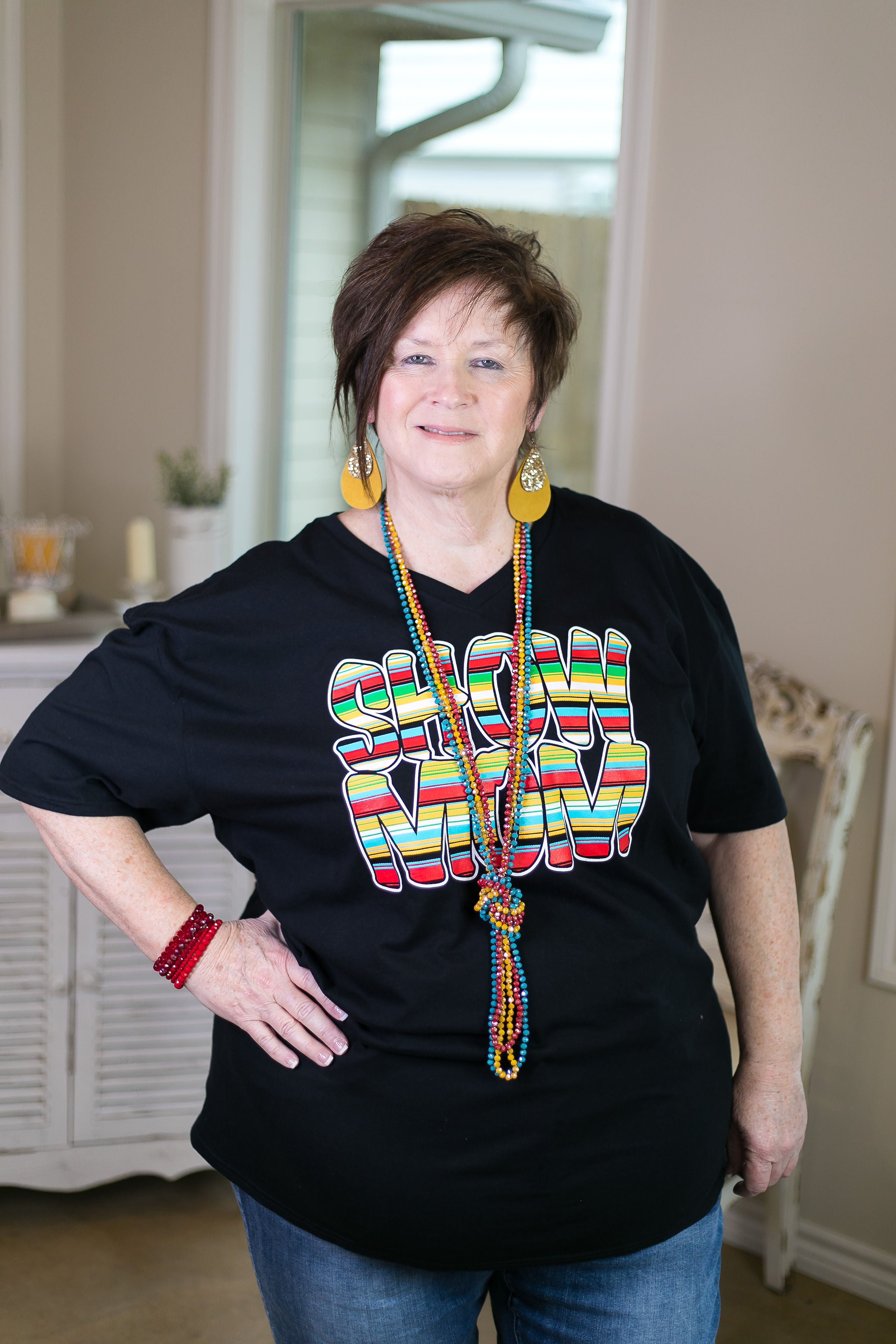 Serape Show Mom Short Sleeve Tee Shirt in Black - Giddy Up Glamour Boutique