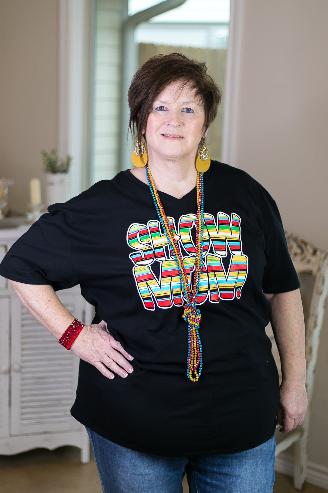 Serape Show Mom Short Sleeve Tee Shirt in Black - Giddy Up Glamour Boutique