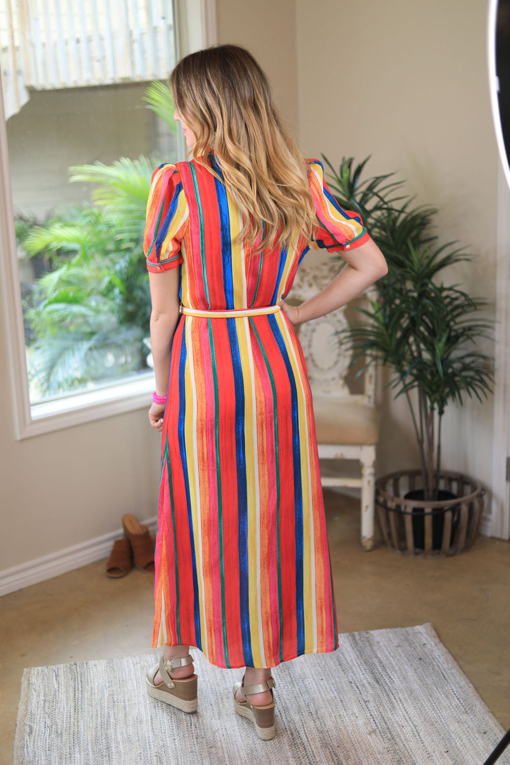 Chasing Rainbows Multi Color Stripe Button Up Midi Dress