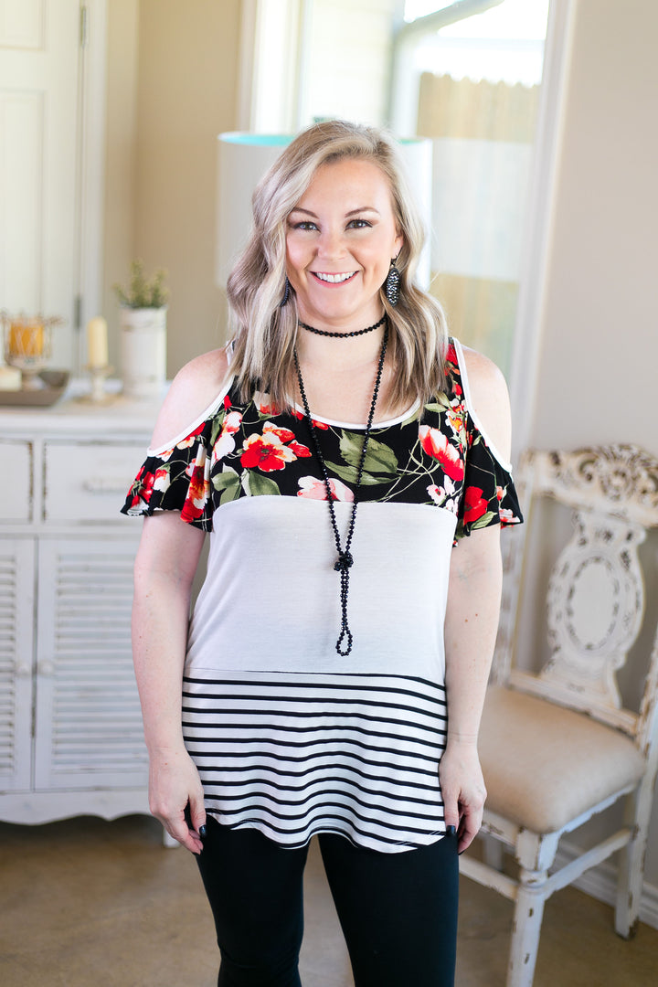 Last Chance Small & Med. | Sweetest Delight Floral & Stripe Color Block Cold Shoulder Top - Giddy Up Glamour Boutique
