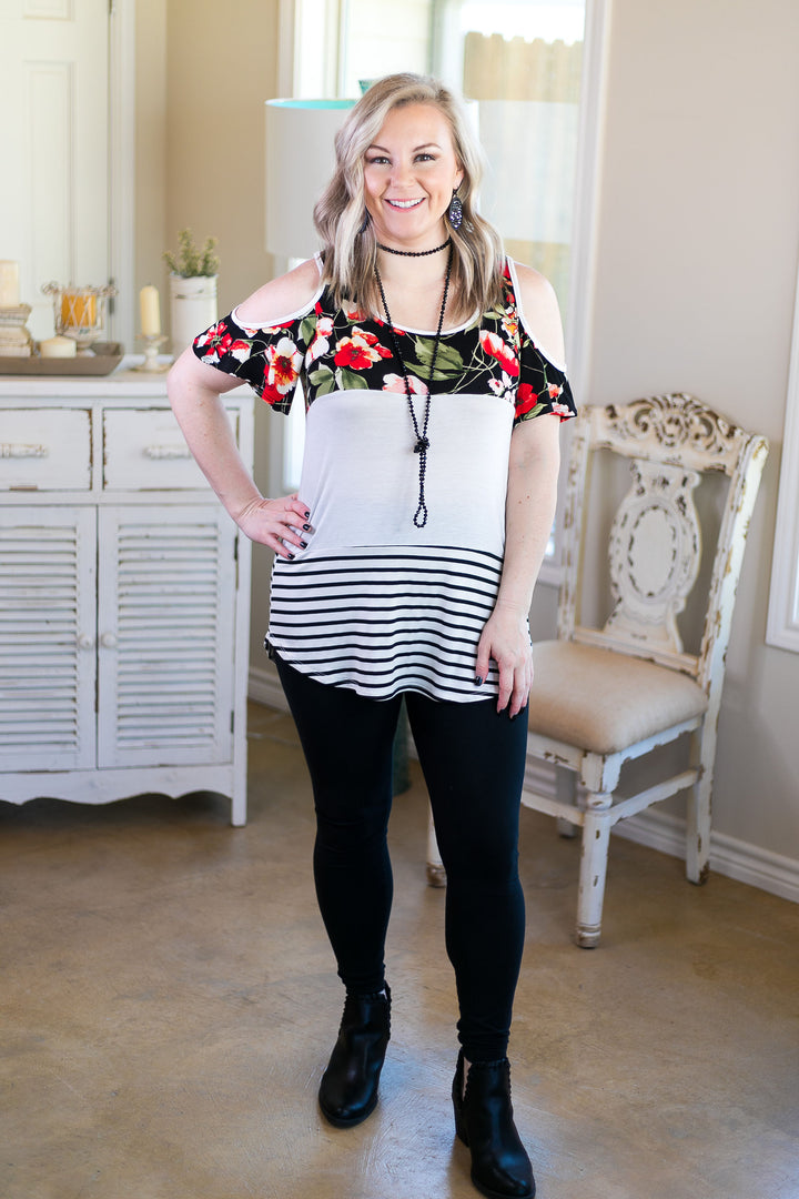 Last Chance Small & Med. | Sweetest Delight Floral & Stripe Color Block Cold Shoulder Top - Giddy Up Glamour Boutique