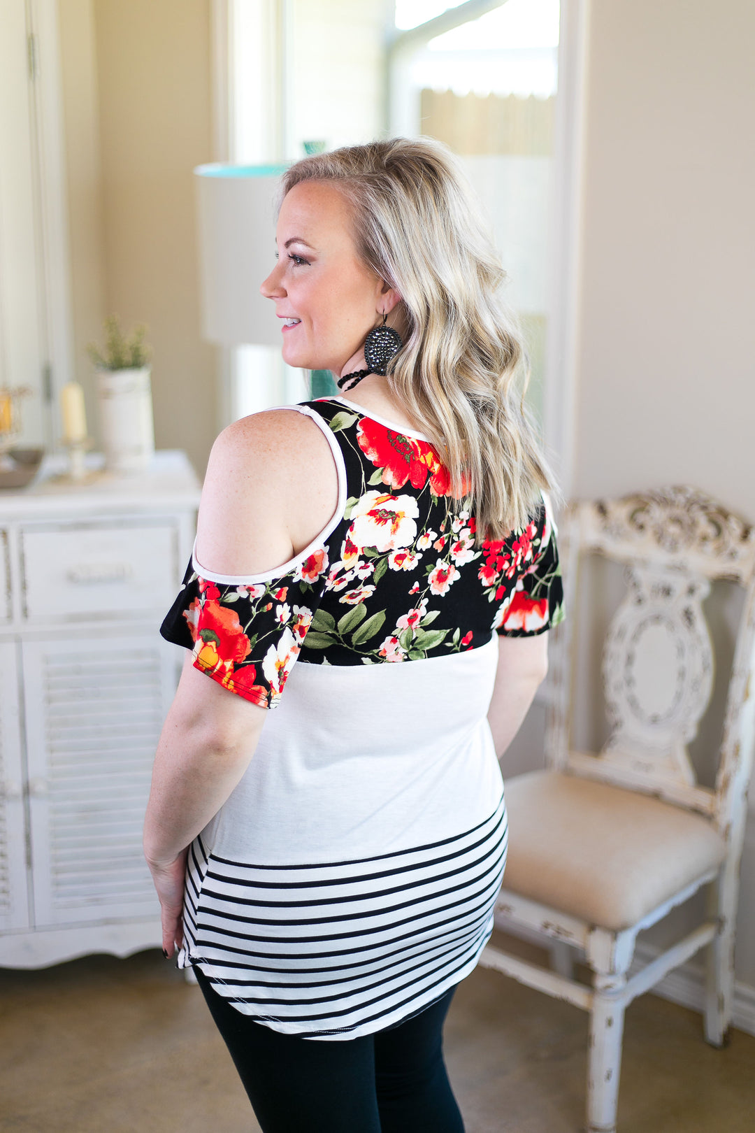 Last Chance Small & Med. | Sweetest Delight Floral & Stripe Color Block Cold Shoulder Top - Giddy Up Glamour Boutique
