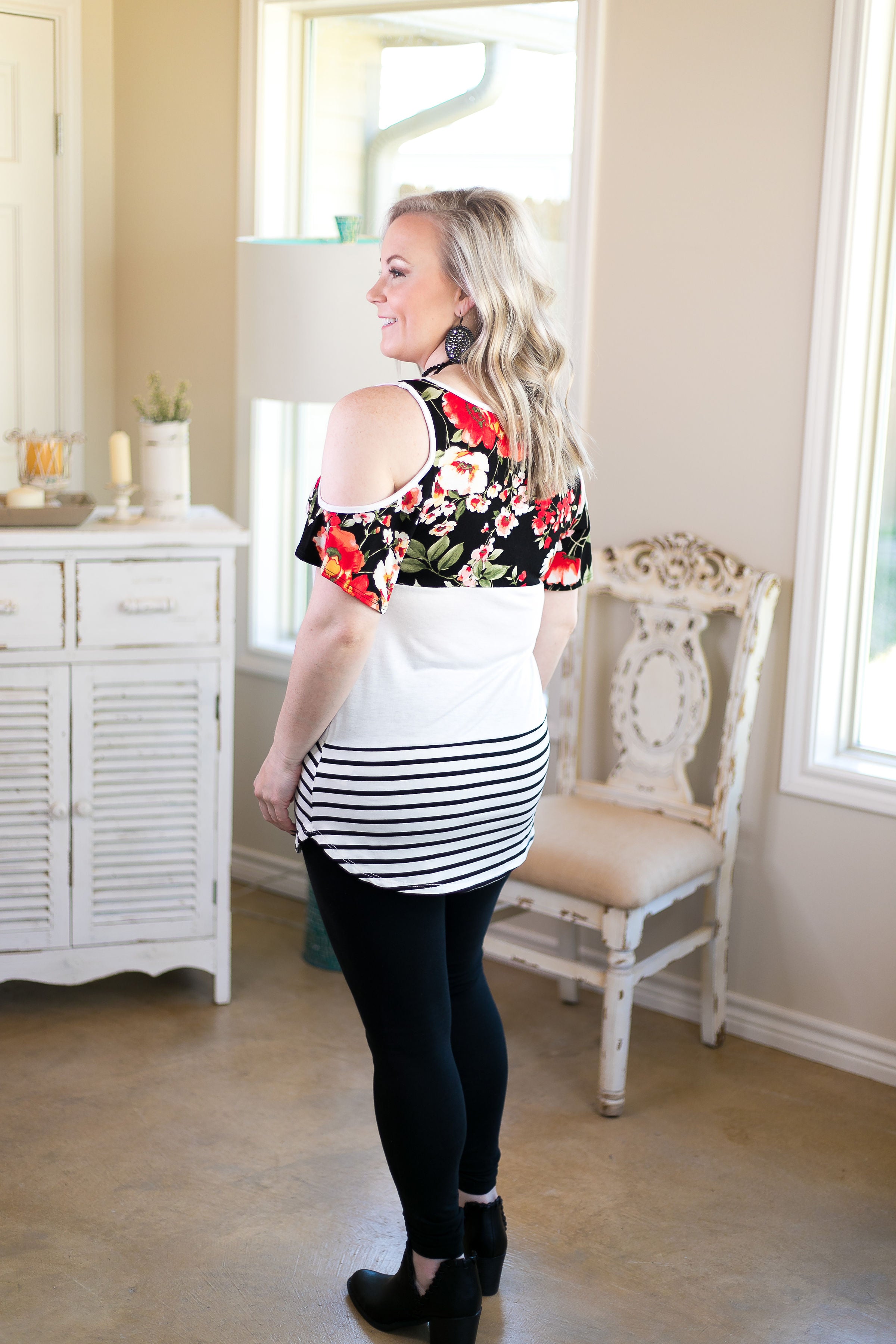 Last Chance Small & Med. | Sweetest Delight Floral & Stripe Color Block Cold Shoulder Top - Giddy Up Glamour Boutique