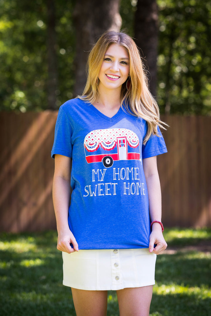 Last Chance Size Small | My Home Sweet Home Short Sleeve Tee Shirt in Blue - Giddy Up Glamour Boutique