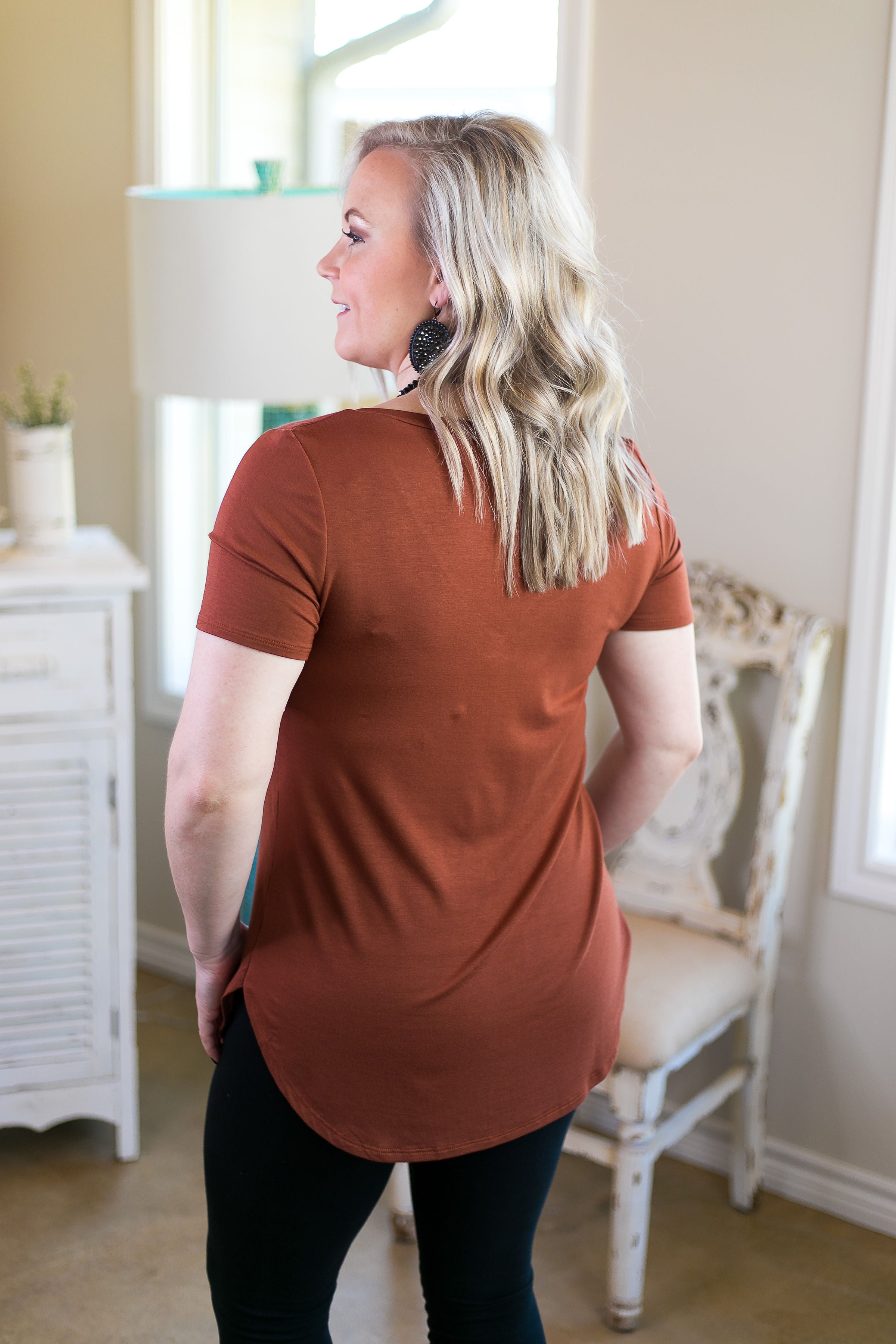Last Chance Size Small | Simply The Best V Neck Short Sleeve Tee Shirt in Tobacco Brown - Giddy Up Glamour Boutique