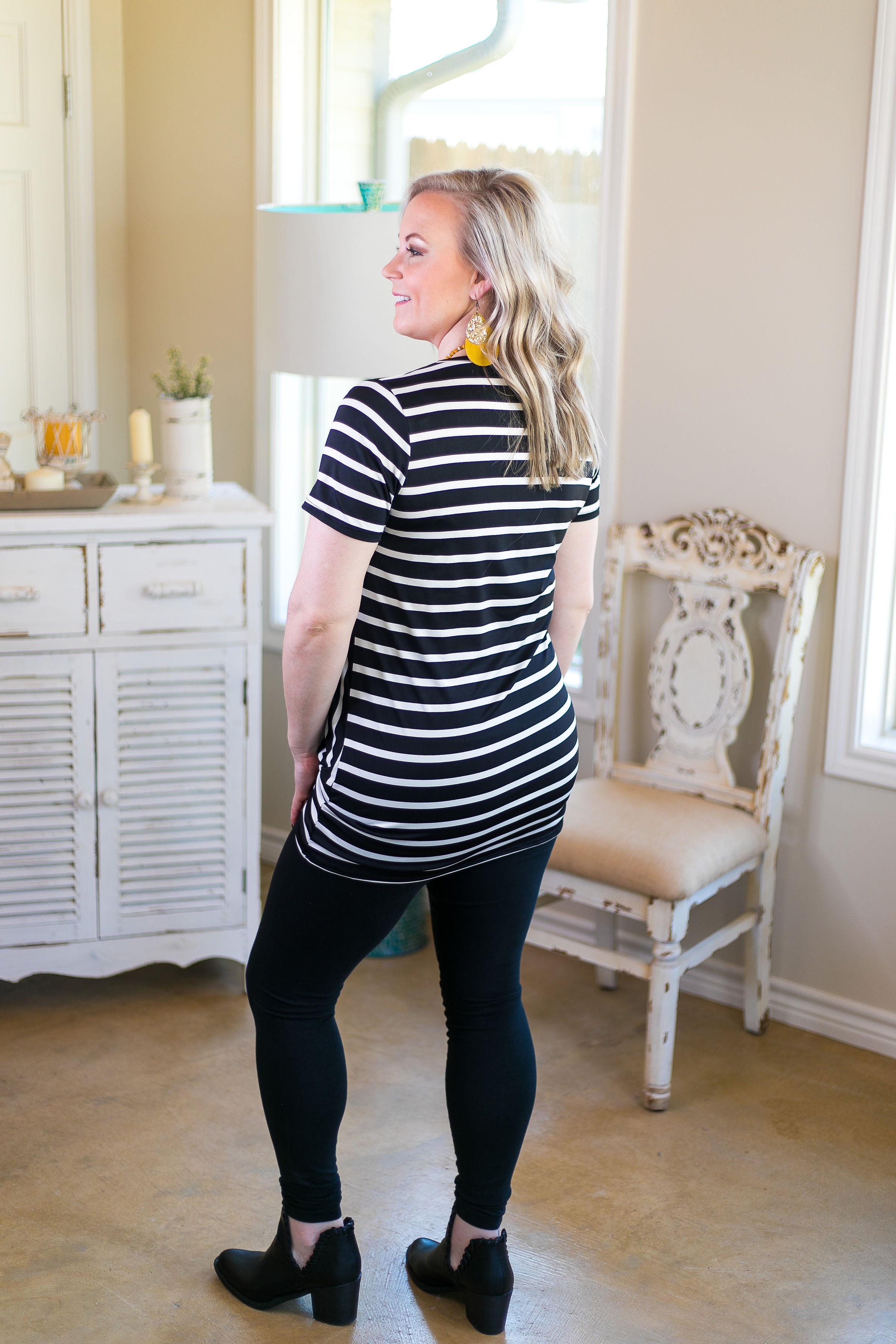 Last Chance Size Small | Online Exclusive | All Tied Up Stripe Short Sleeve Top with Side Knot in Black - Giddy Up Glamour Boutique