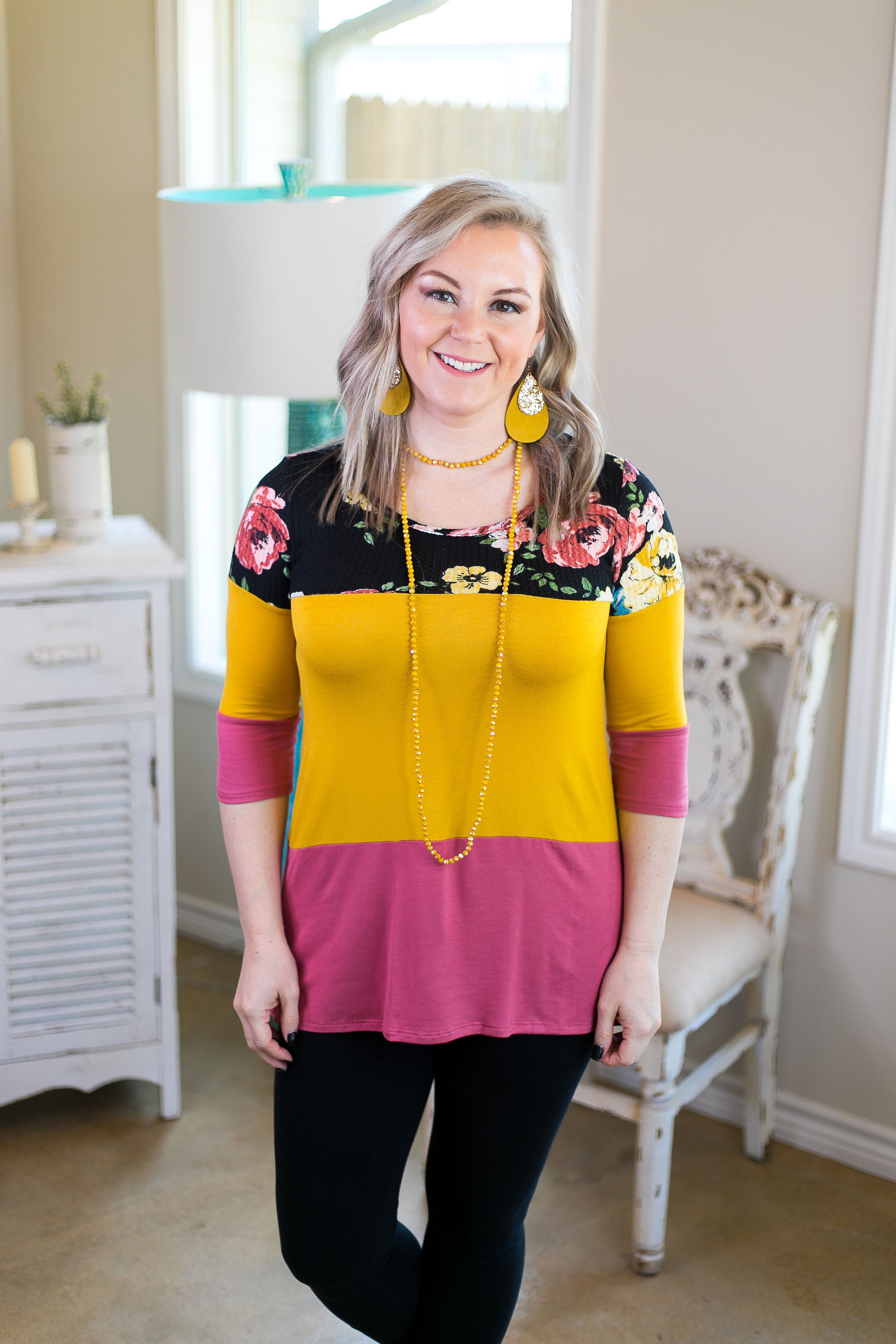 Last Chance Size S & M | Laugh Louder Floral Color Block Top with Buttons in Black - Giddy Up Glamour Boutique