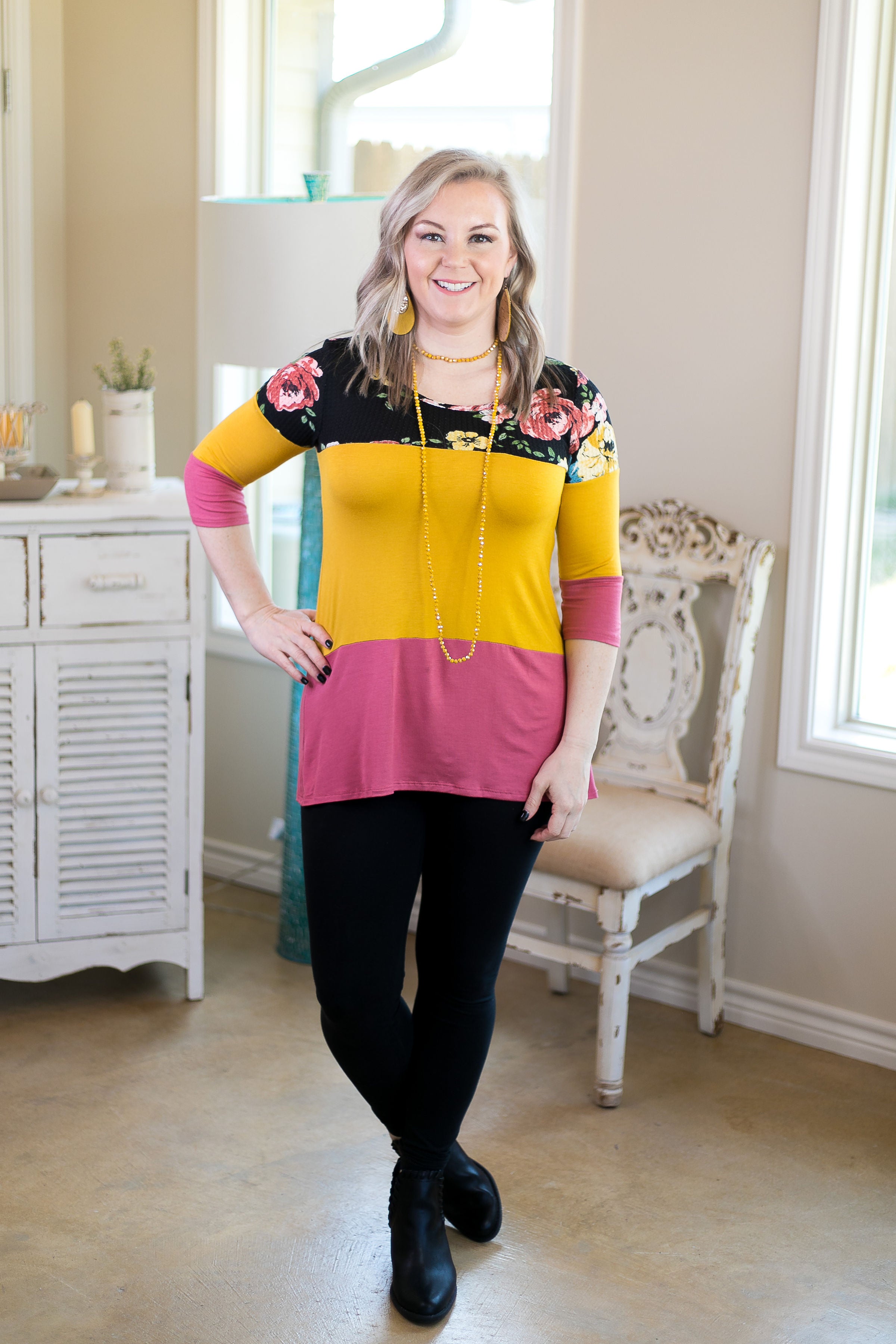 Last Chance Size S & M | Laugh Louder Floral Color Block Top with Buttons in Black - Giddy Up Glamour Boutique