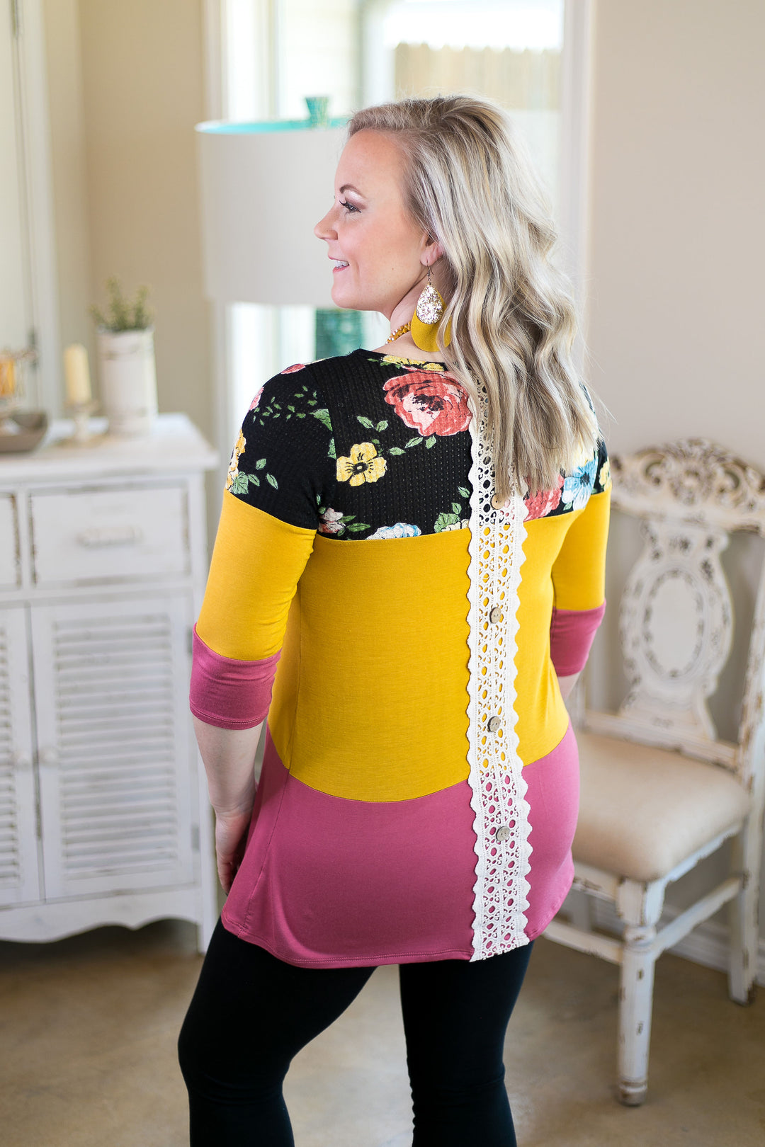 Last Chance Size S & M | Laugh Louder Floral Color Block Top with Buttons in Black - Giddy Up Glamour Boutique