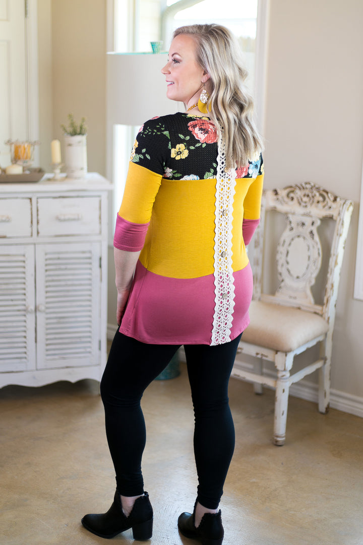 Last Chance Size S & M | Laugh Louder Floral Color Block Top with Buttons in Black - Giddy Up Glamour Boutique