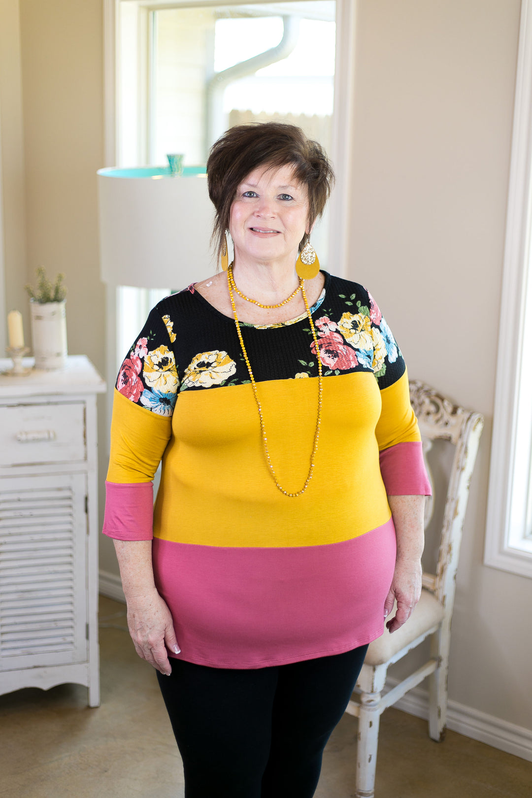 Last Chance Size S & M | Laugh Louder Floral Color Block Top with Buttons in Black - Giddy Up Glamour Boutique