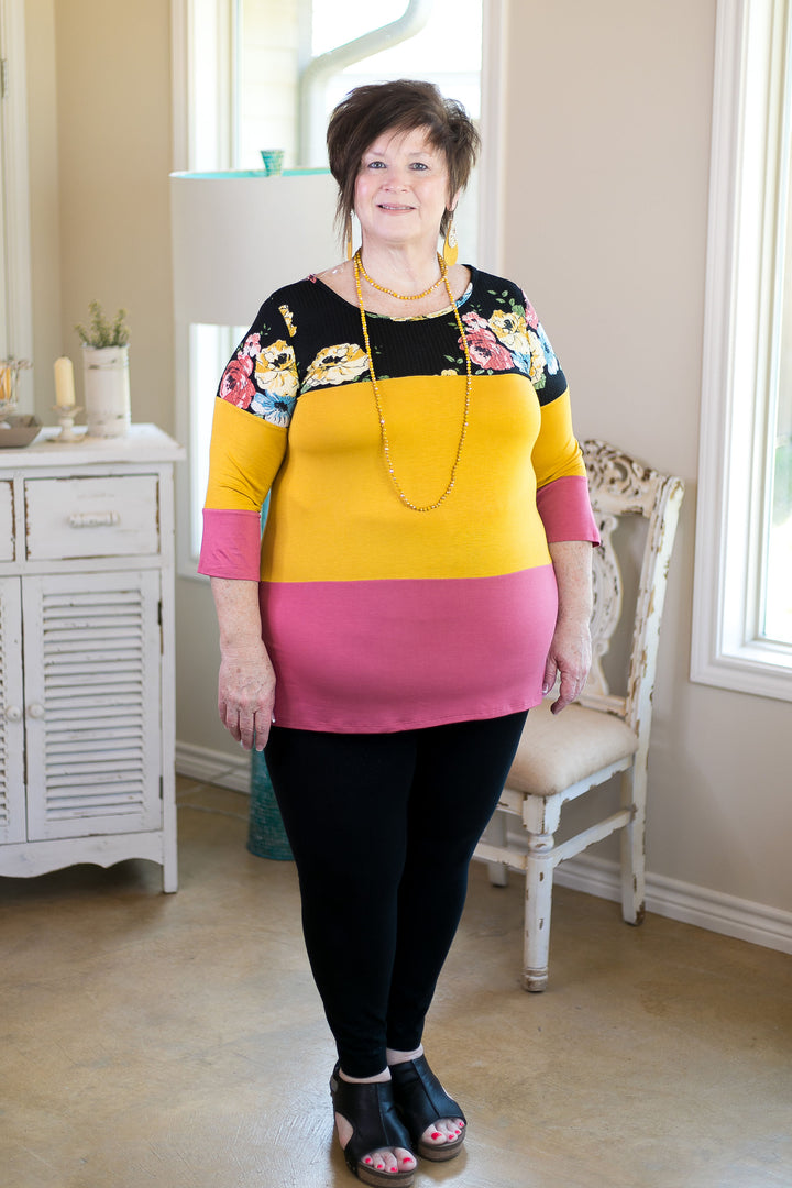 Last Chance Size S & M | Laugh Louder Floral Color Block Top with Buttons in Black - Giddy Up Glamour Boutique