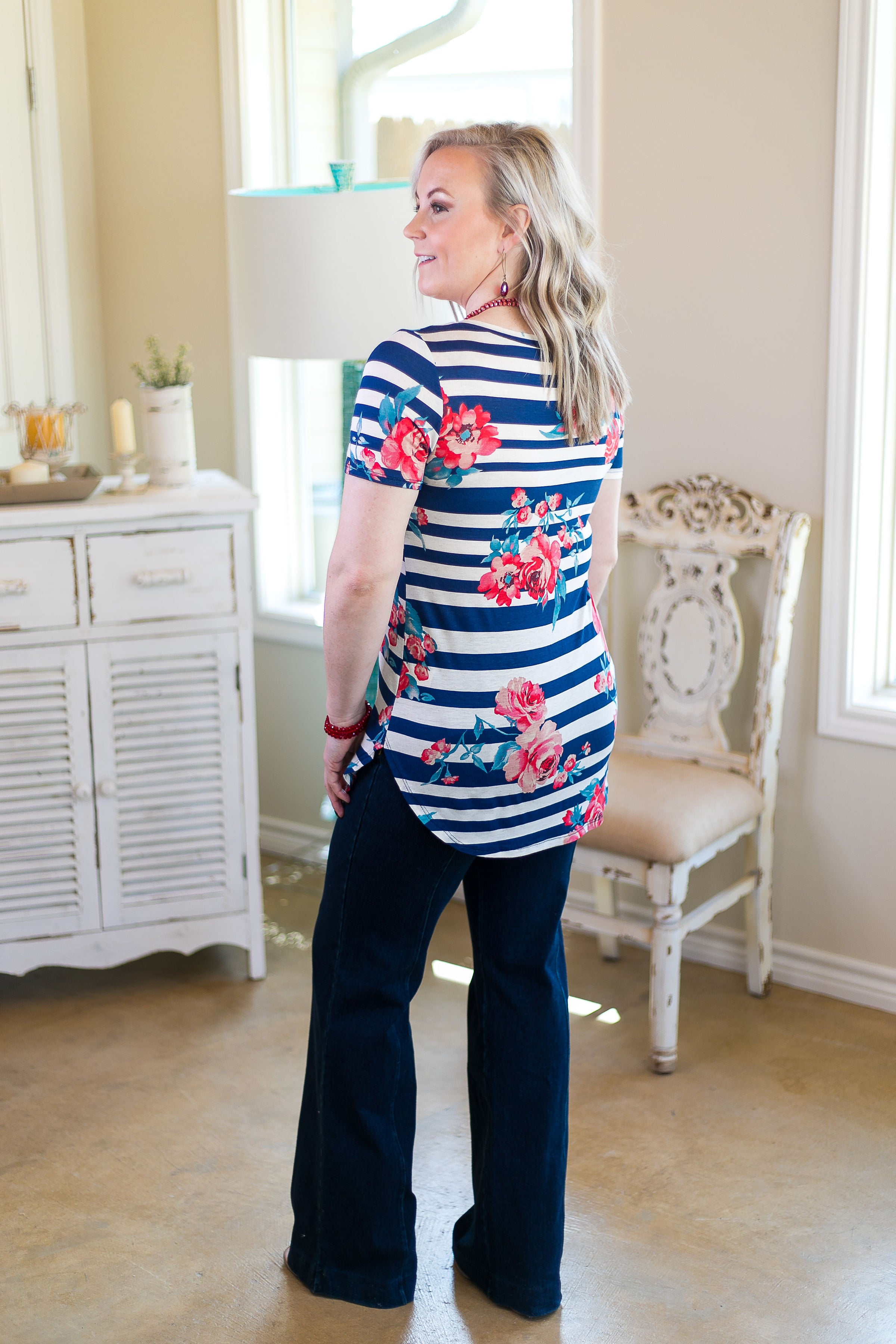 Last Chance Size Small | Simply The Best V Neck Stripe & Floral Short Sleeve Tee Shirt in Navy Blue - Giddy Up Glamour Boutique