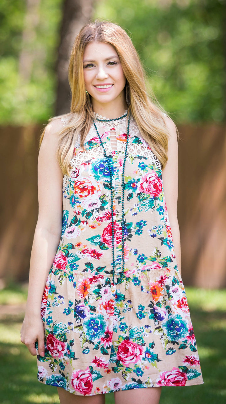 Last Chance Size Small, Medium & XL | The Feeling of Spring Floral Dress in Tan - Giddy Up Glamour Boutique
