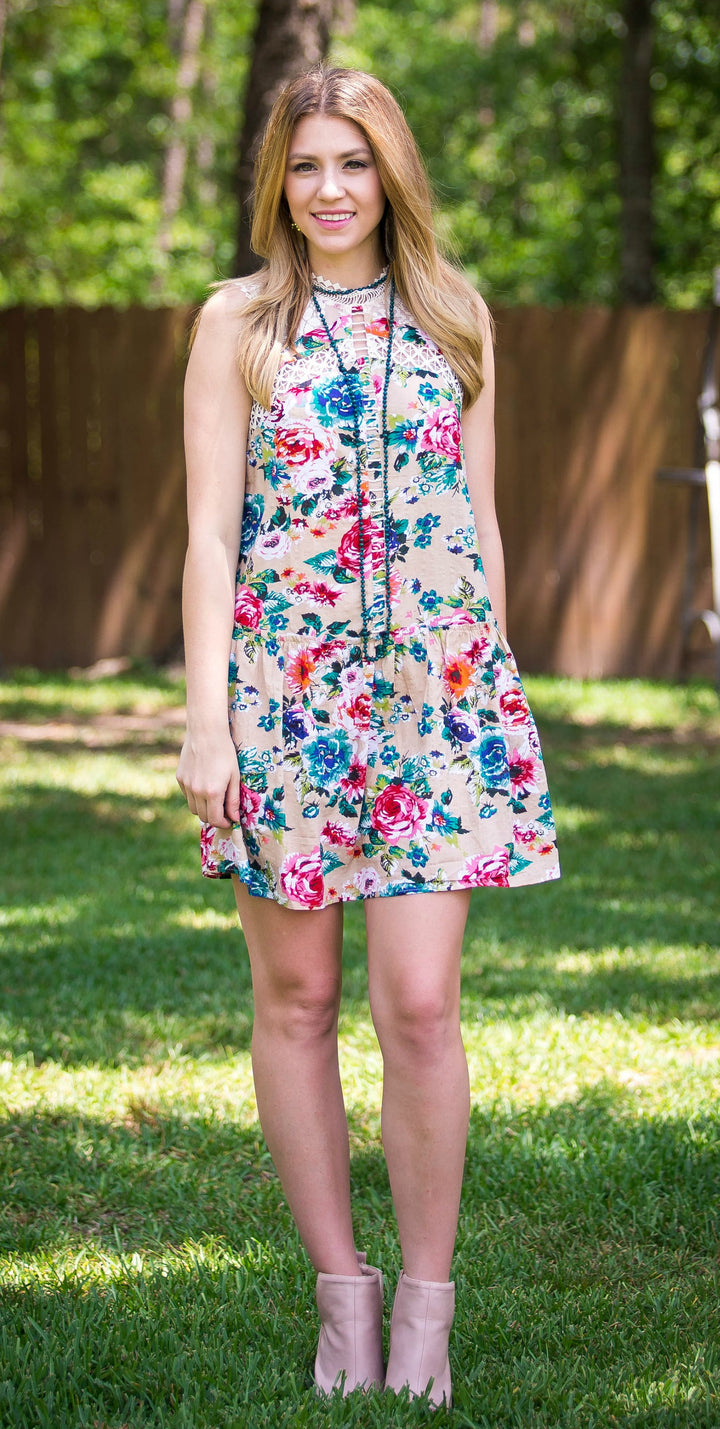 Last Chance Size Small, Medium & XL | The Feeling of Spring Floral Dress in Tan - Giddy Up Glamour Boutique