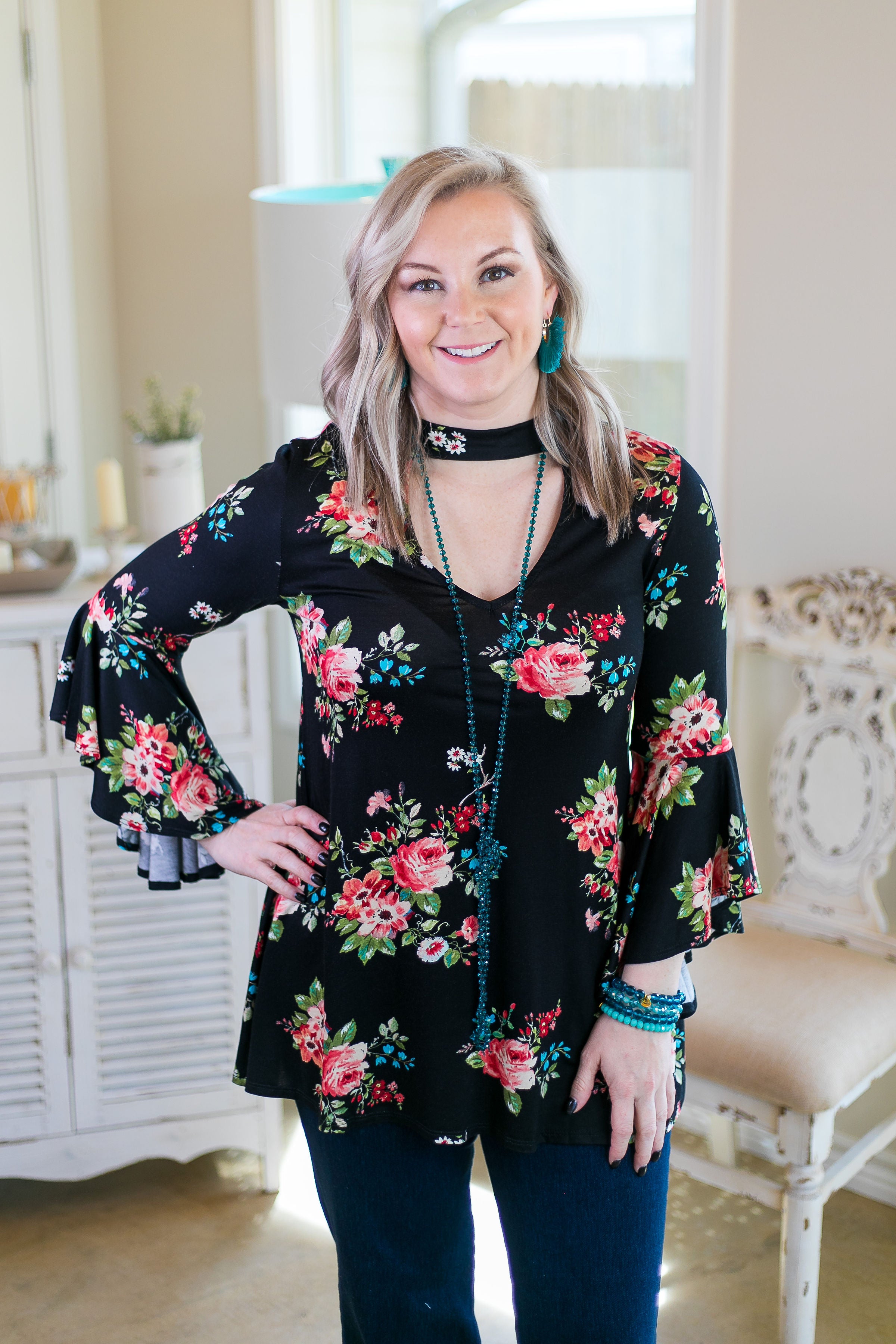 Love Philosophy Floral Print Bell Sleeve Top with Keyhole Cutout in Black - Giddy Up Glamour Boutique