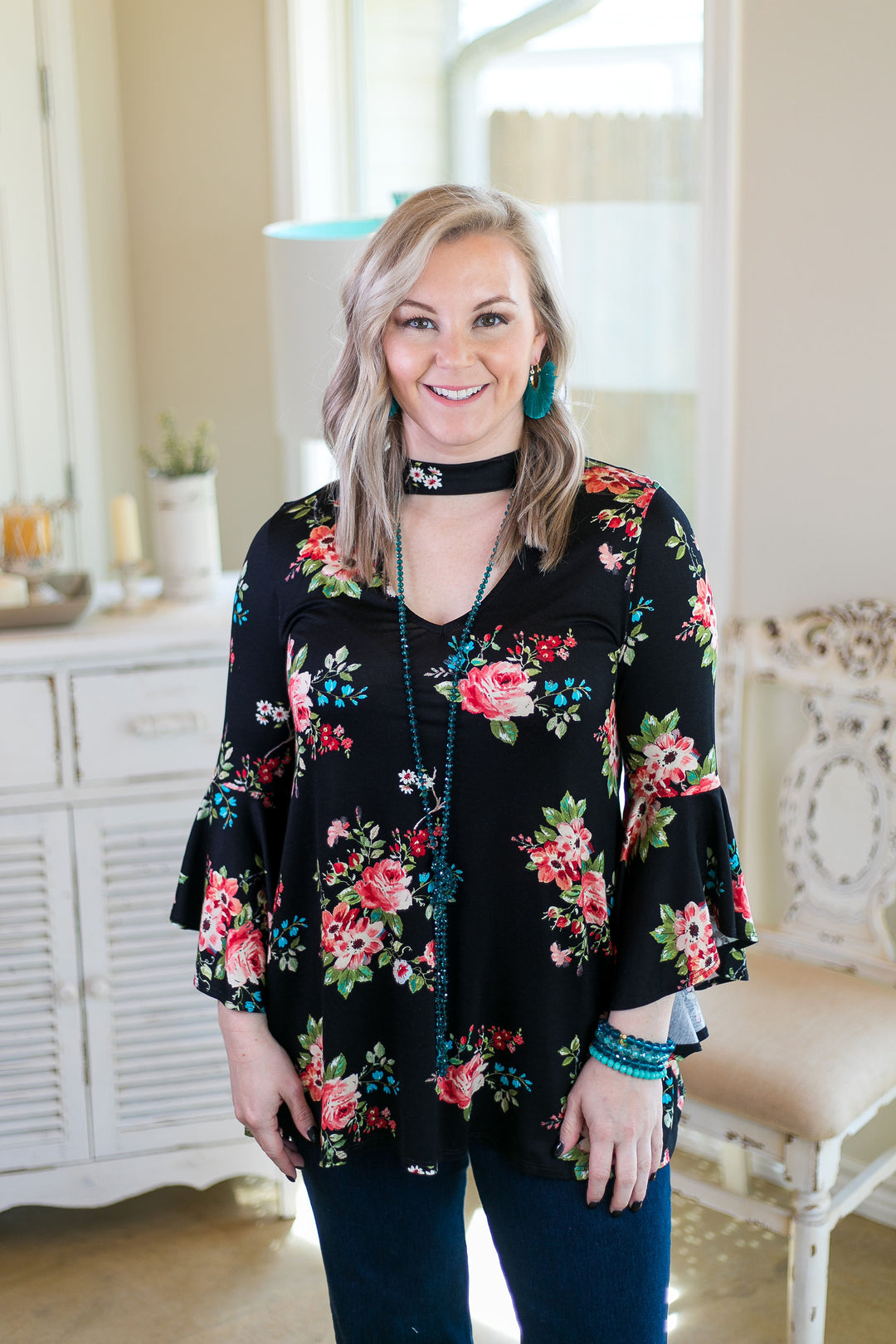 Love Philosophy Floral Print Bell Sleeve Top with Keyhole Cutout in Black - Giddy Up Glamour Boutique