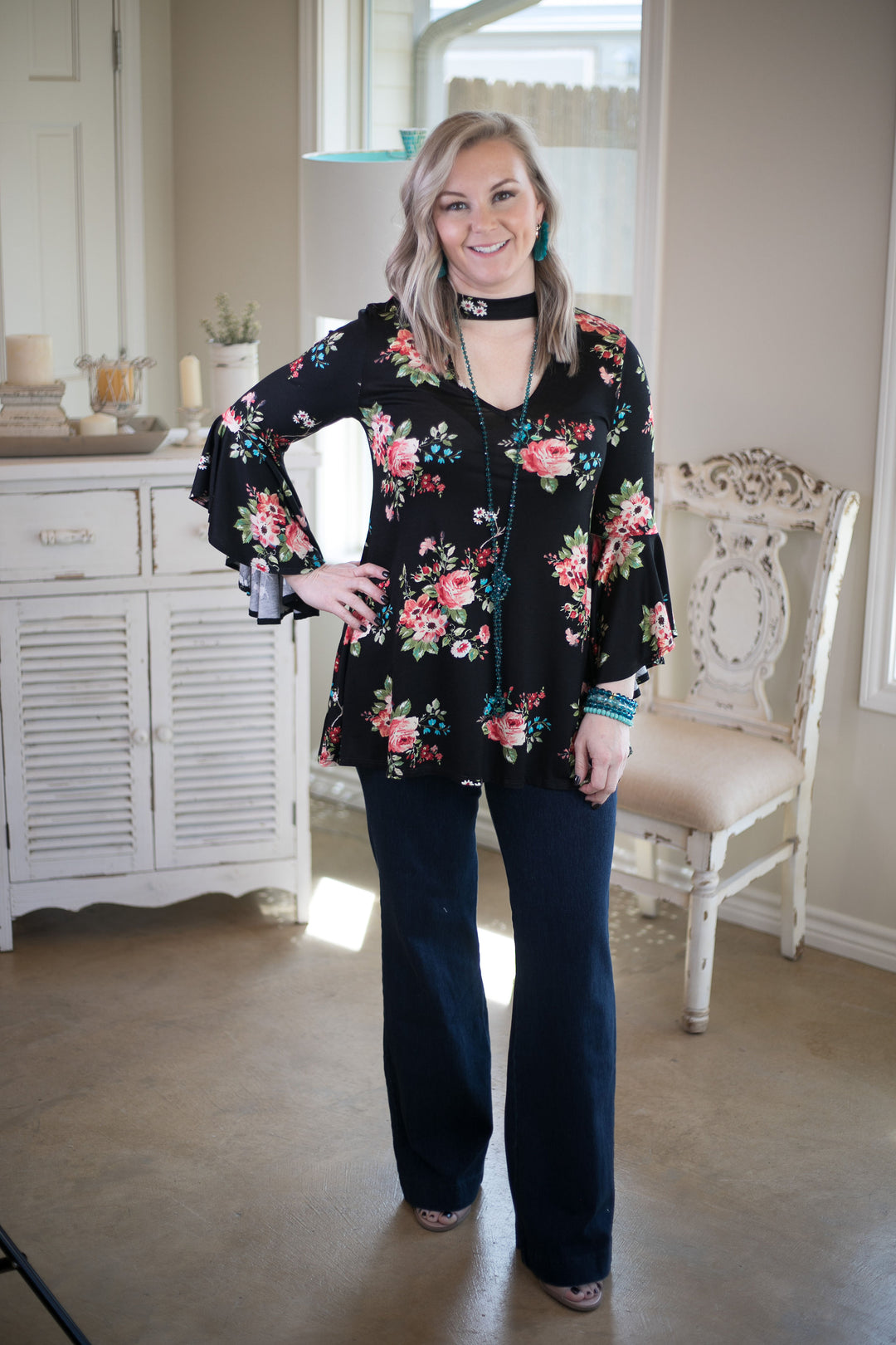 Love Philosophy Floral Print Bell Sleeve Top with Keyhole Cutout in Black - Giddy Up Glamour Boutique