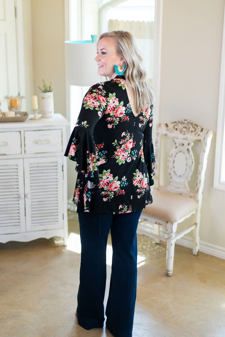 Love Philosophy Floral Print Bell Sleeve Top with Keyhole Cutout in Black - Giddy Up Glamour Boutique