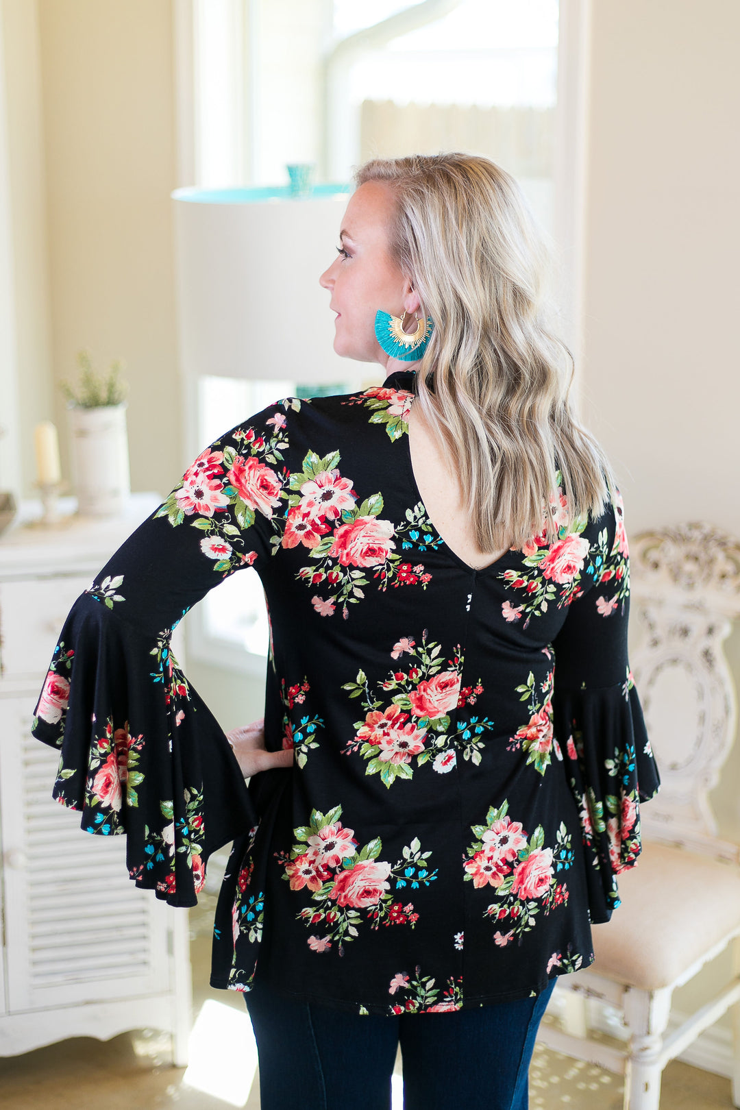 Love Philosophy Floral Print Bell Sleeve Top with Keyhole Cutout in Black - Giddy Up Glamour Boutique
