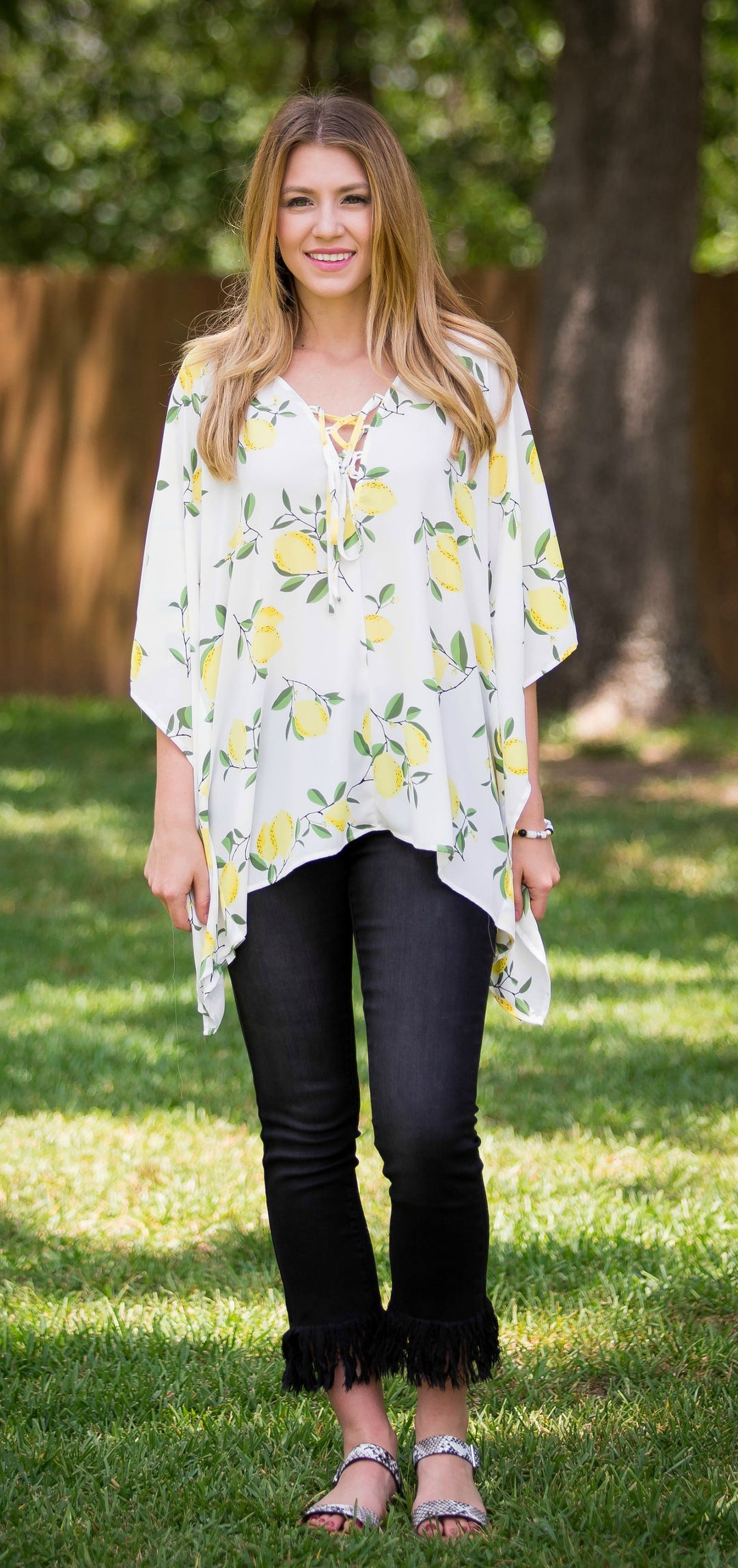 This Is Happiness Lemon Print Oversized Poncho Top with Lace Up Detail - Giddy Up Glamour Boutique