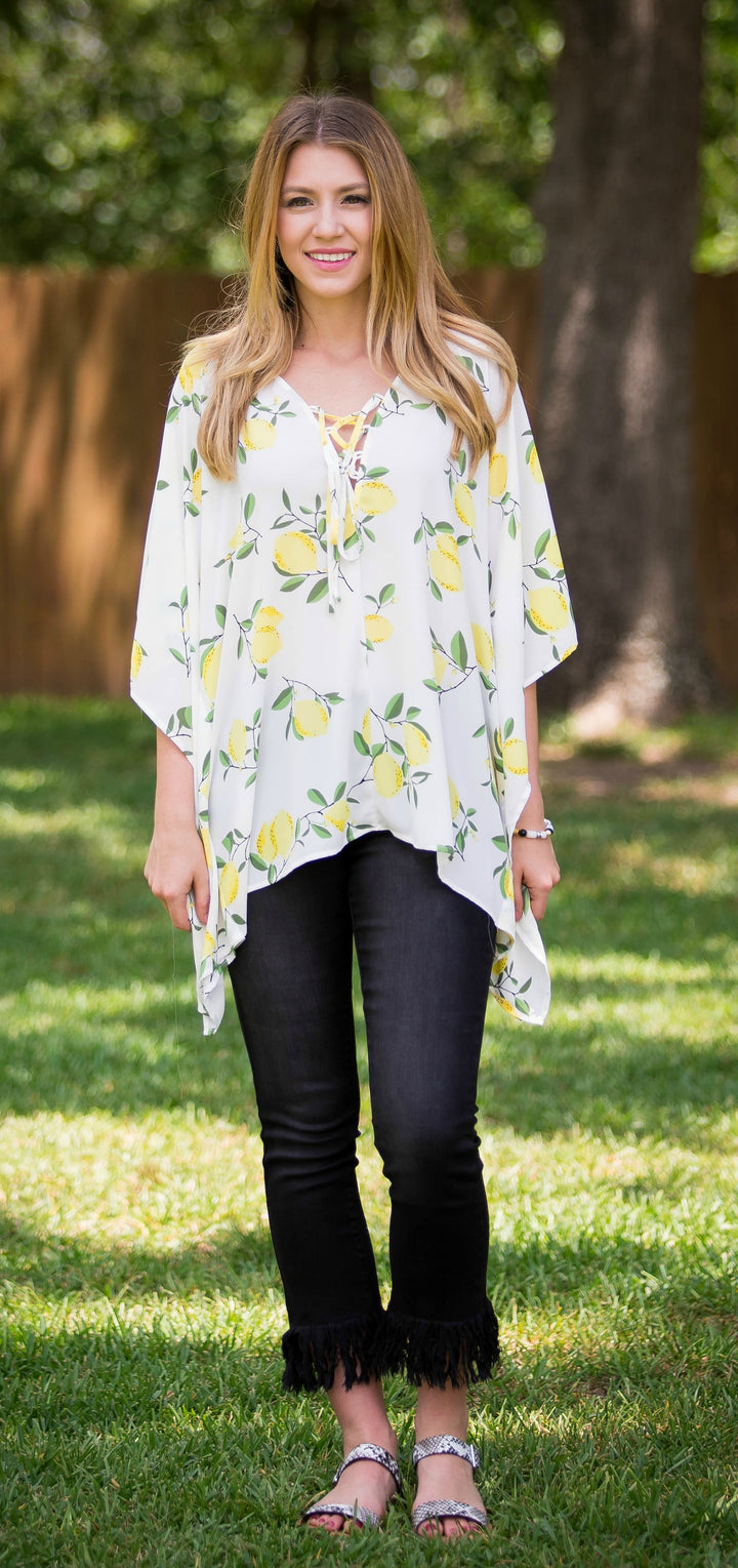 This Is Happiness Lemon Print Oversized Poncho Top with Lace Up Detail - Giddy Up Glamour Boutique