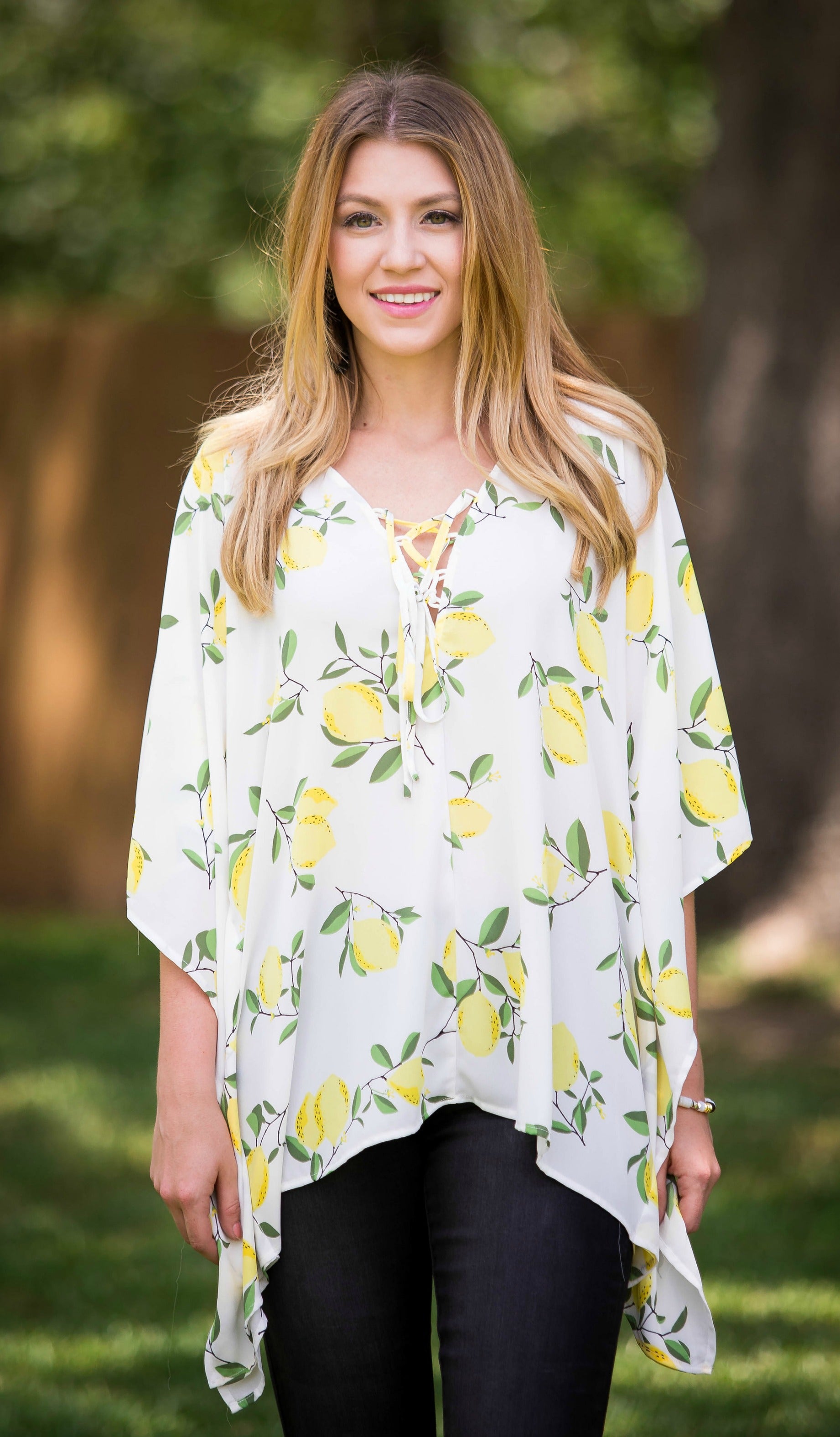 This Is Happiness Lemon Print Oversized Poncho Top with Lace Up Detail - Giddy Up Glamour Boutique