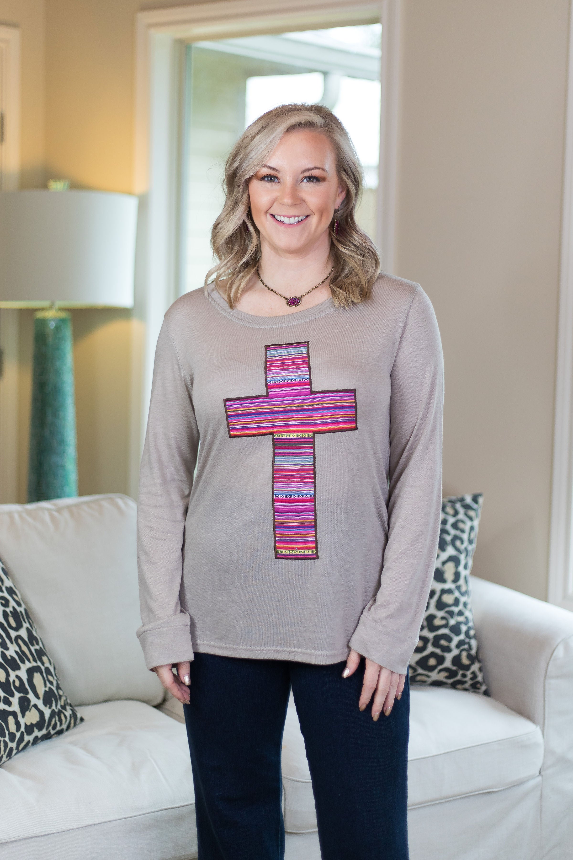Last Chance Size Small & Med. | Serape Sensation Cross Long Sleeve Tee Shirt in Taupe - Giddy Up Glamour Boutique