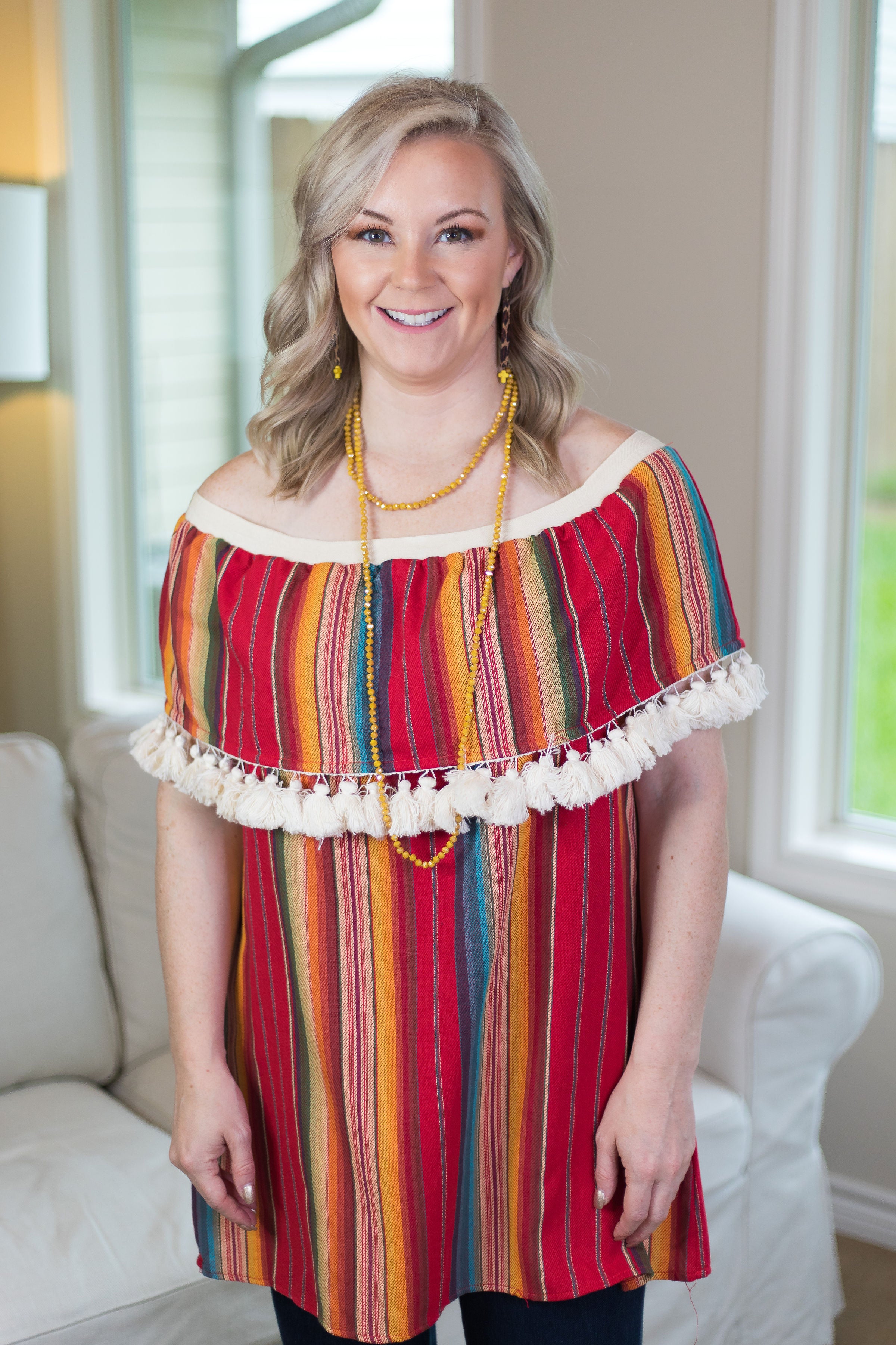 Last Chance Size Small & Med. | You Get What You Get Off Shoulder Tunic with Tassels in Red Serape - Giddy Up Glamour Boutique